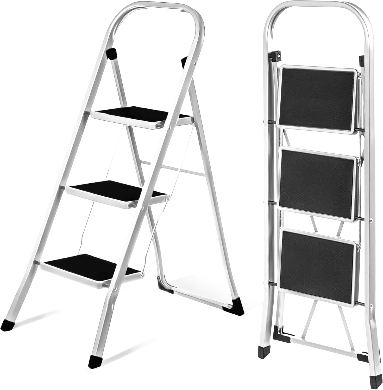 Daniks 3 Step Ladder with Handrail | Foldable Step Stool, Anti-Slip Pedals | Stu...