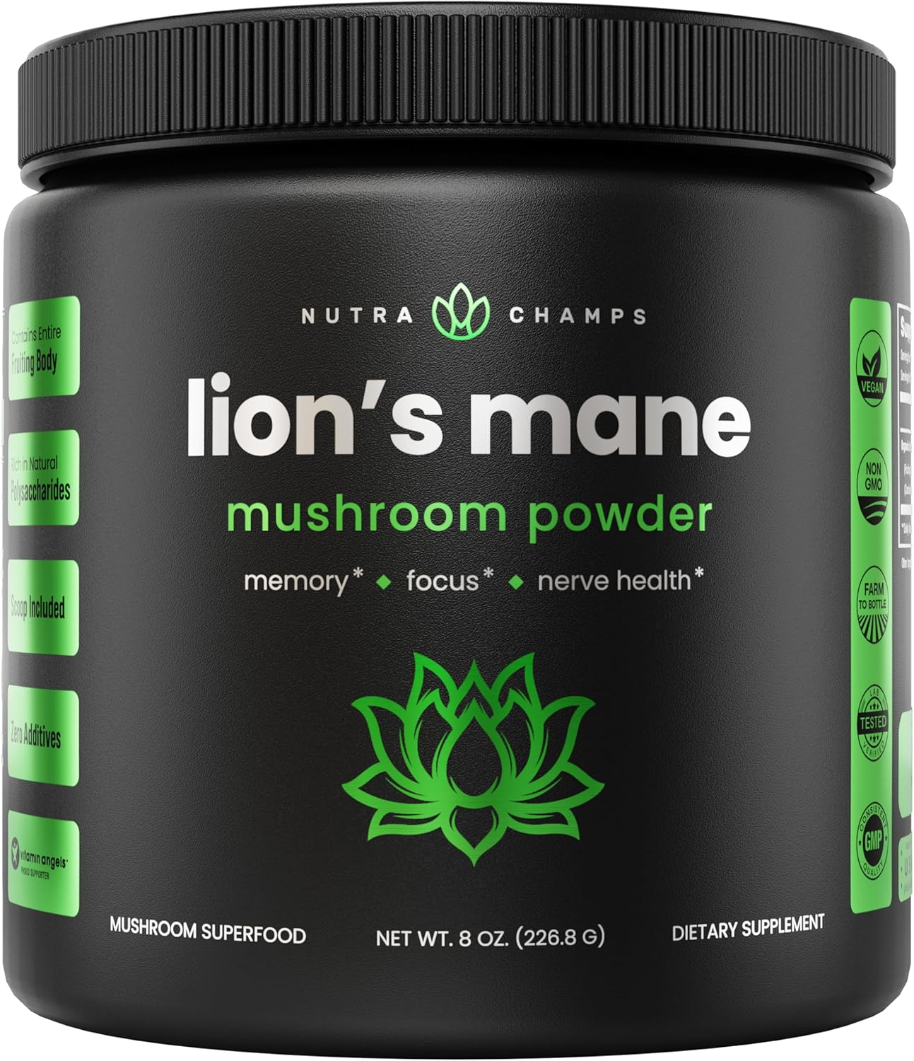 NutraChamps Organic Lions Mane Powder - 2000mg Powerful Nootropic for Memory, Fo...