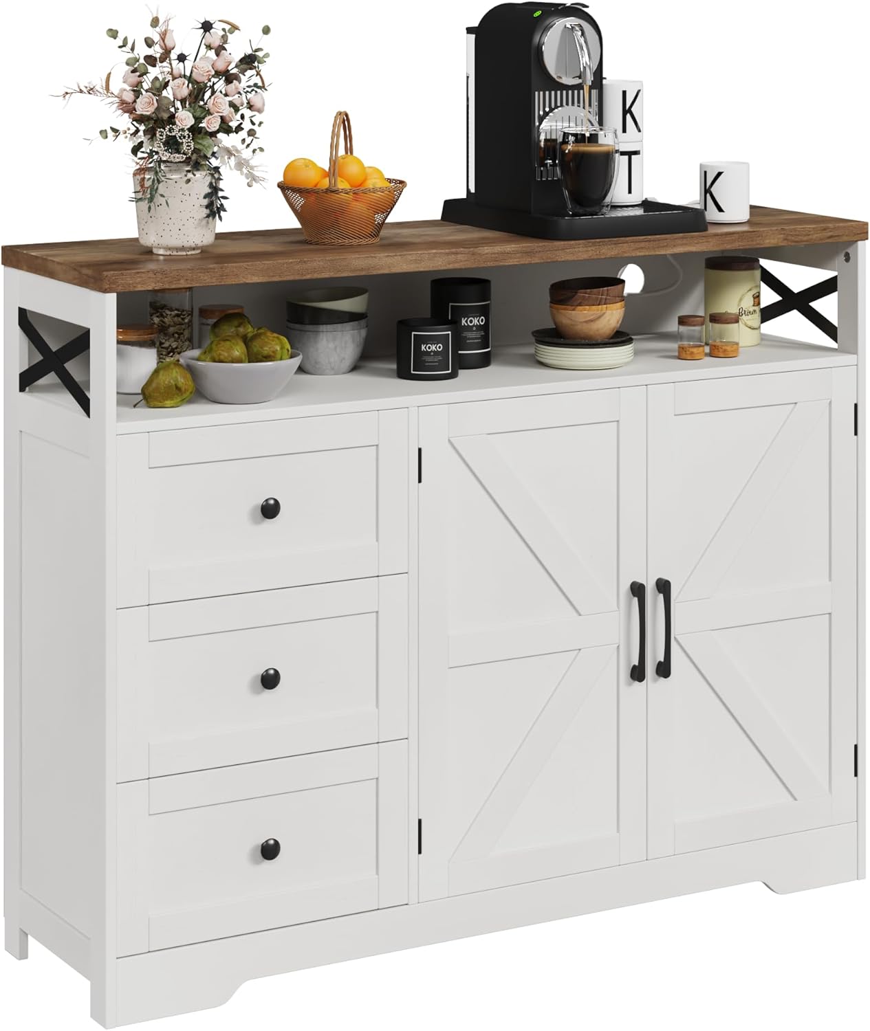 Farmhouse Buffet Cabinet with Drawers & Open Shelf, Sideboard with Storage, Kitc...