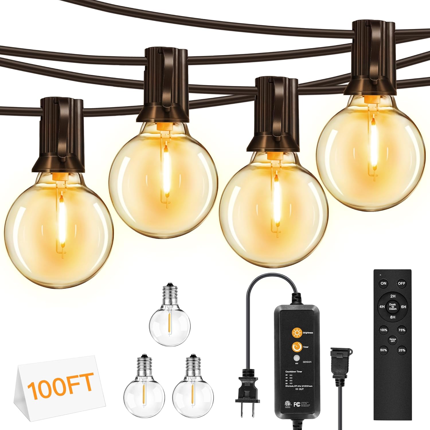 shineshine 100 FT Outdoor String Lights with Remote/Dimmer, 50+3 LED Bulbs Conne...