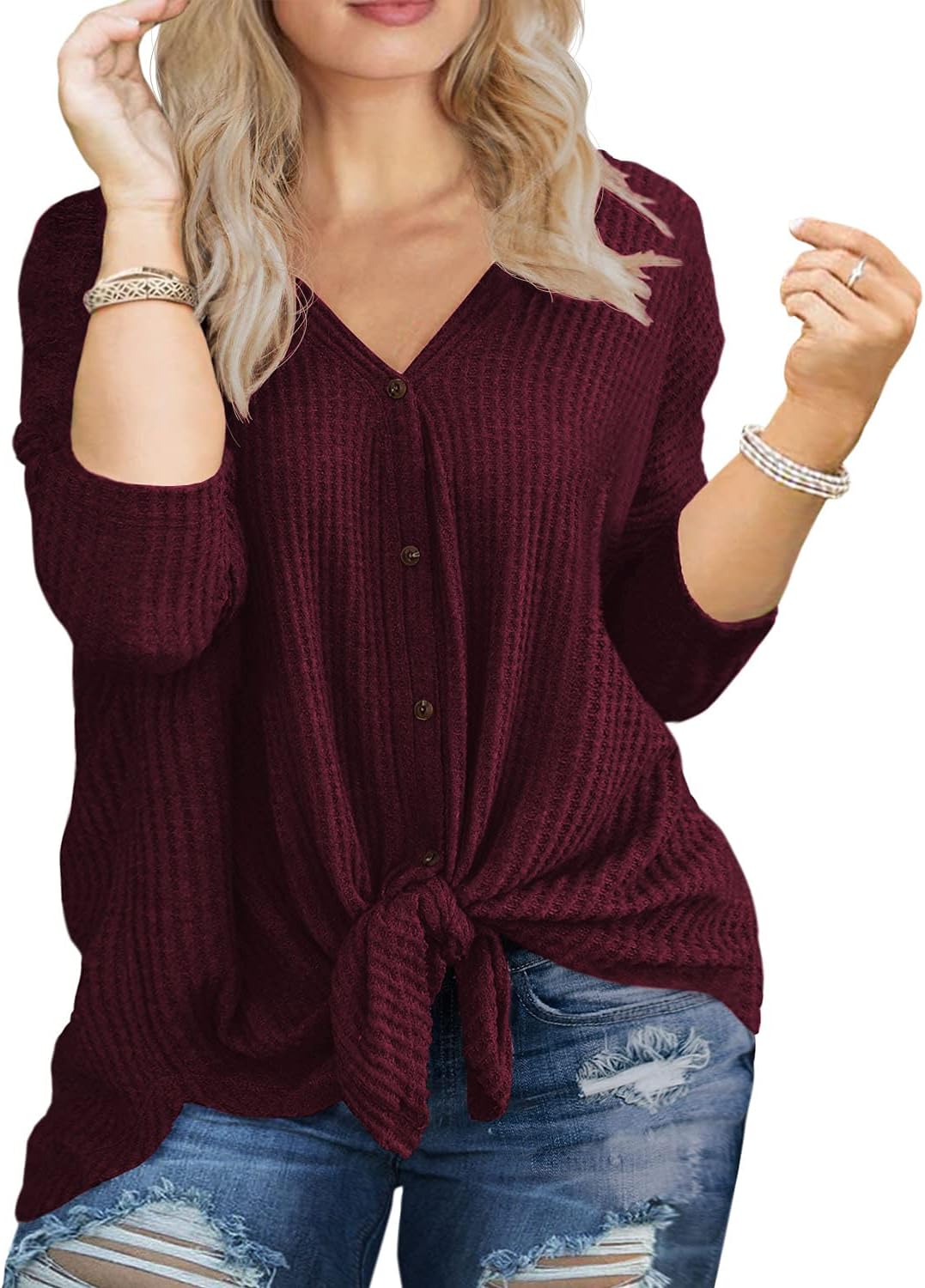 OLRIK Womens Plus Size Tops V Neck Tie Front Blouse Button Up Long Sleeve Waffle...