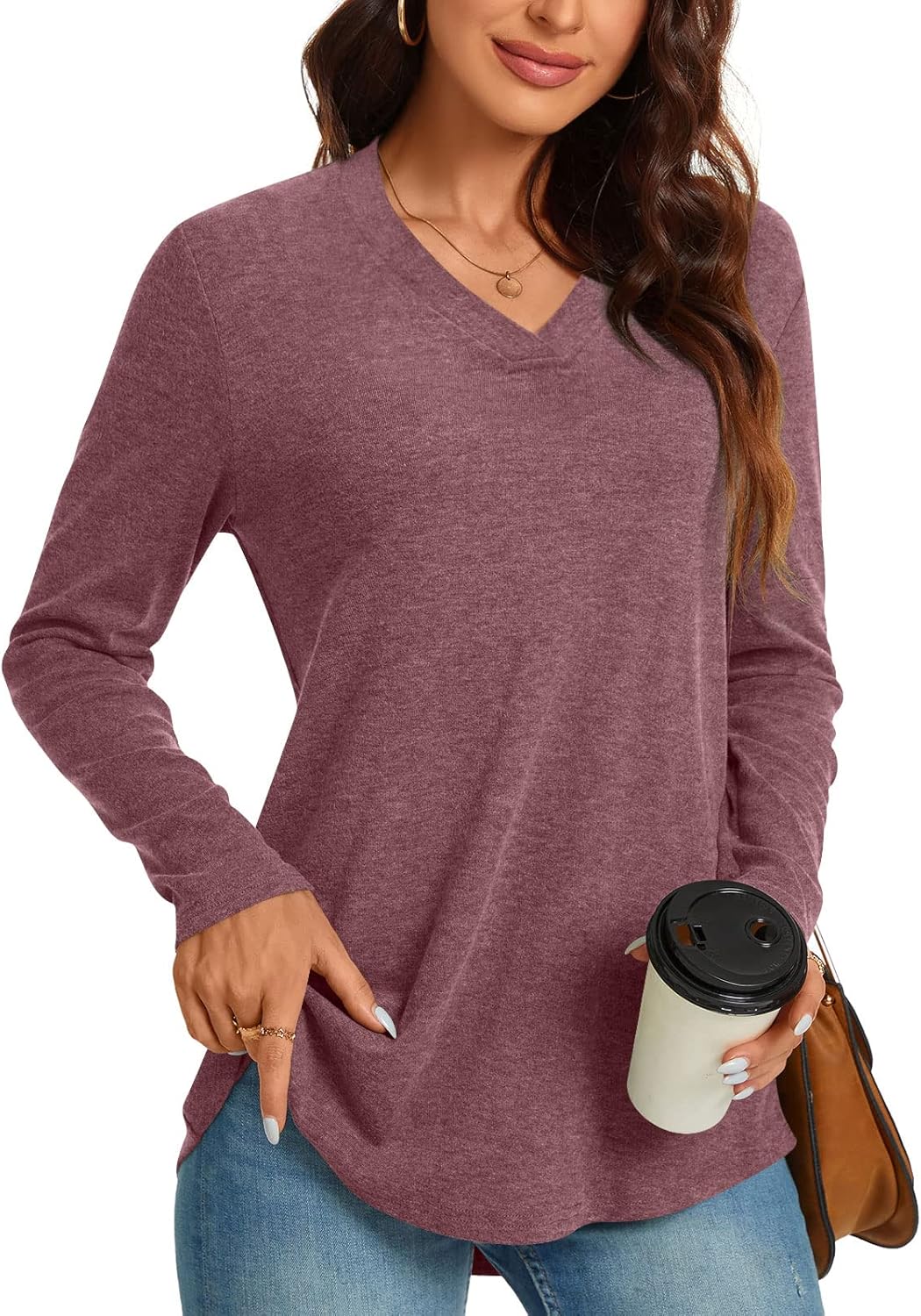 Anyhold Womens Fall Plus Size Long Sleeve Tunic Tops for Leggings V Neck Casual...