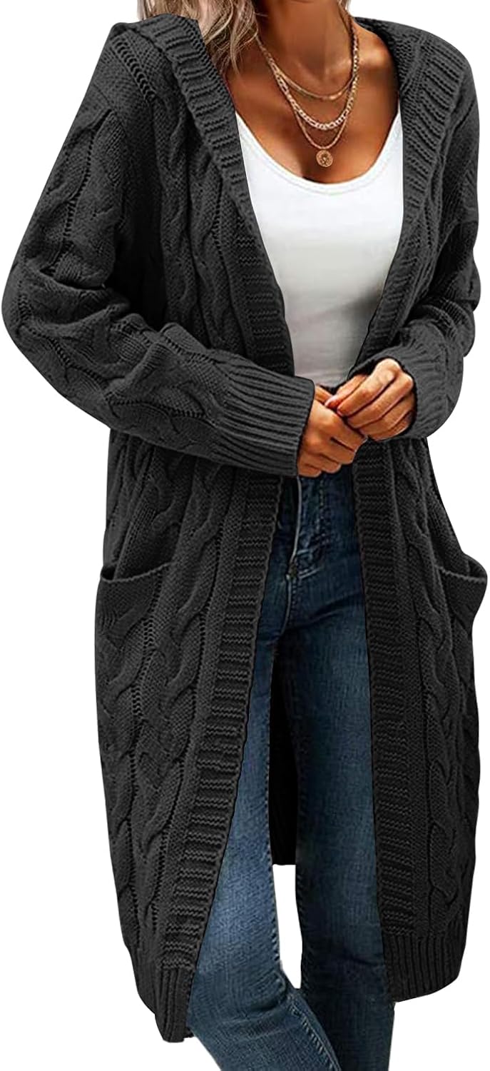 Lightweight Hooded Open Front Cardigan for Women Cable Knit Sweaters Pocketed Ov...