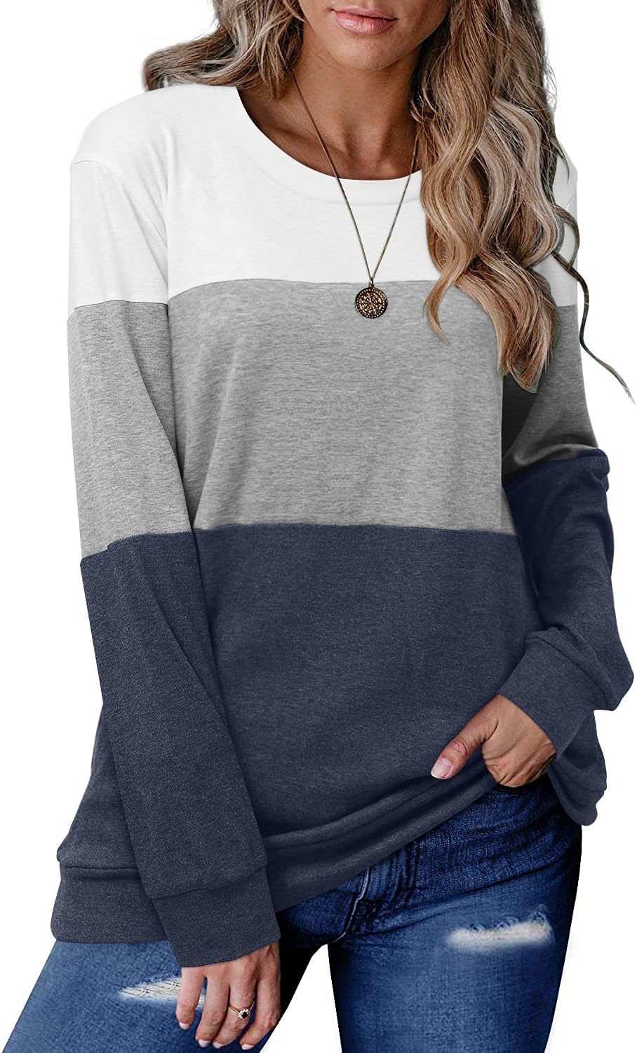 CRAZY GRID Womens Long Sleeve Shirts Casual Loose Soft Sweatshirt Crewneck/V-Nec...