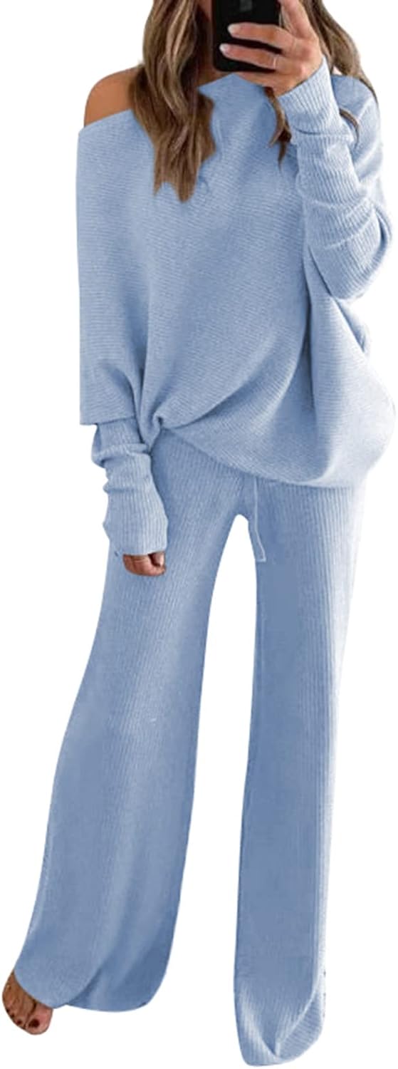 Linsery Womens 2 Piece Outfits One Shoulder Knit Sweater Pullovers Wide Leg Pant...