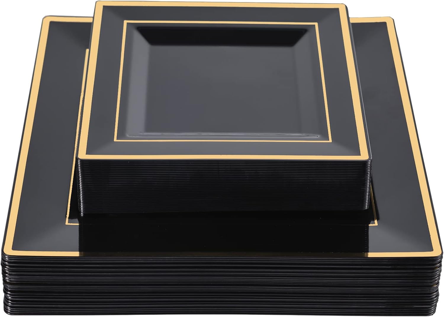 N9R 60 Pack Black Square Plastic Plates with Gold Rim Include 30 Disposable Dinn...