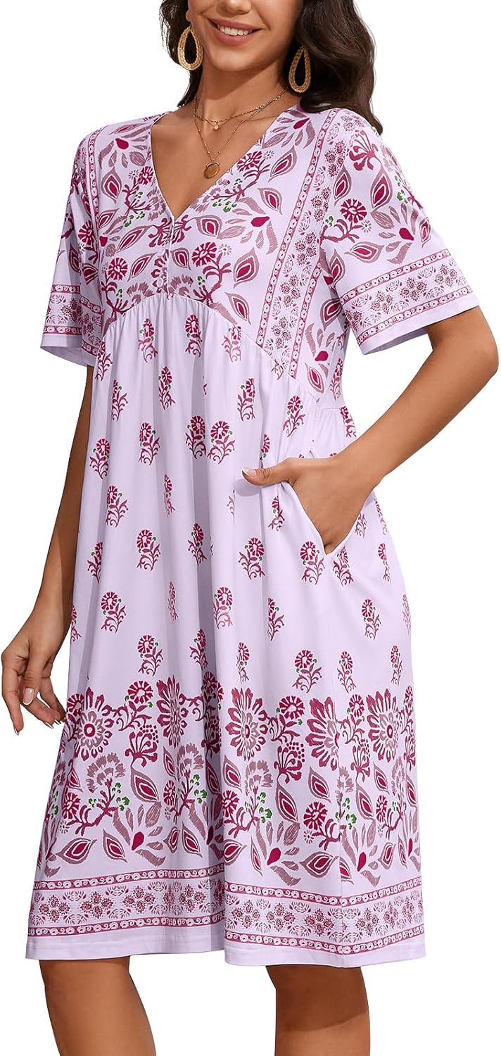 Womens House Dress Floral Print Nightgown with Pockets Mumu Dress S-3XL Purple X...