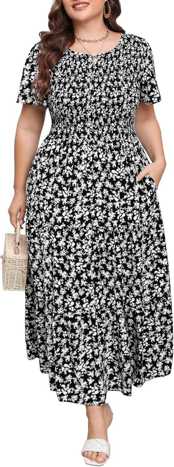 Women's Plus Size Smocked Tiered Maxi Dress with Pockets Elegant Short Sleeve Sc...