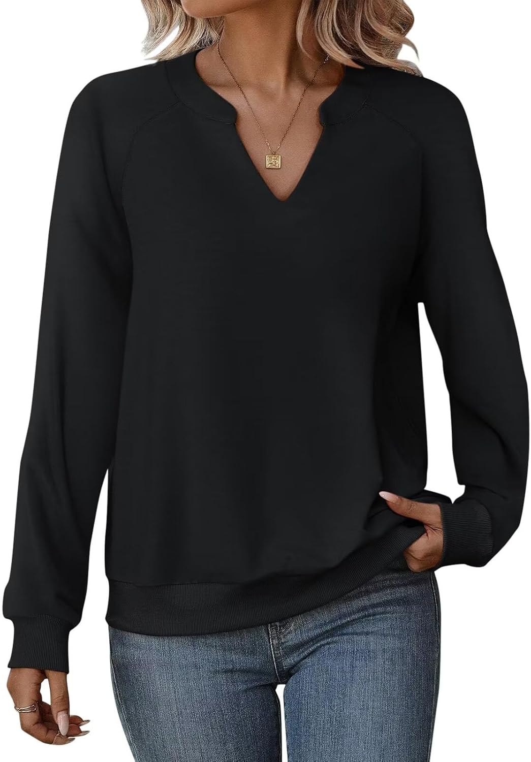 EADINVE Women Casual Long Sleeve V Neck Sweatshirts Cute Loose Fit Lightweight P...
