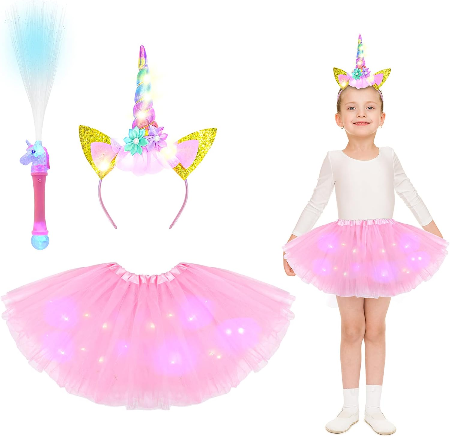 ACWOO Unicorn Costume, LED Light Up Unicorn Dress Princess Fancy Dress Up with U...