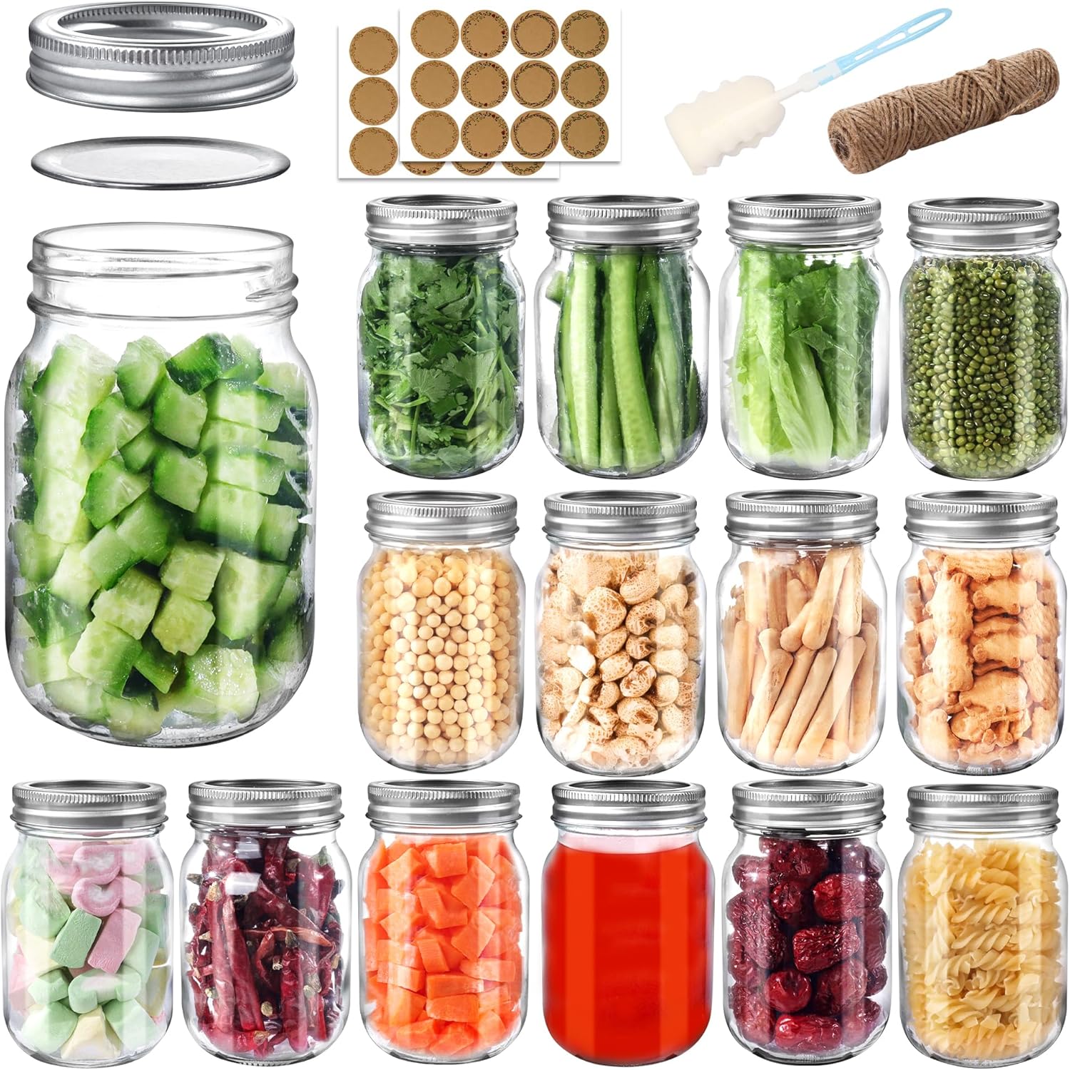 Mason Jars, Unique 16 oz Airtight Jars with Lids and Bands, Special 15 Pack Regu...