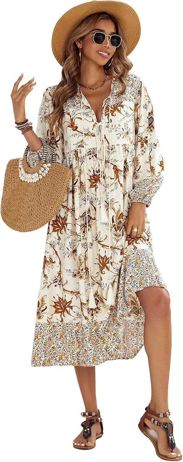 R.Vivimos Women's Dress, Special Long Sleeve Dress with Floral Print, Unique Ret...