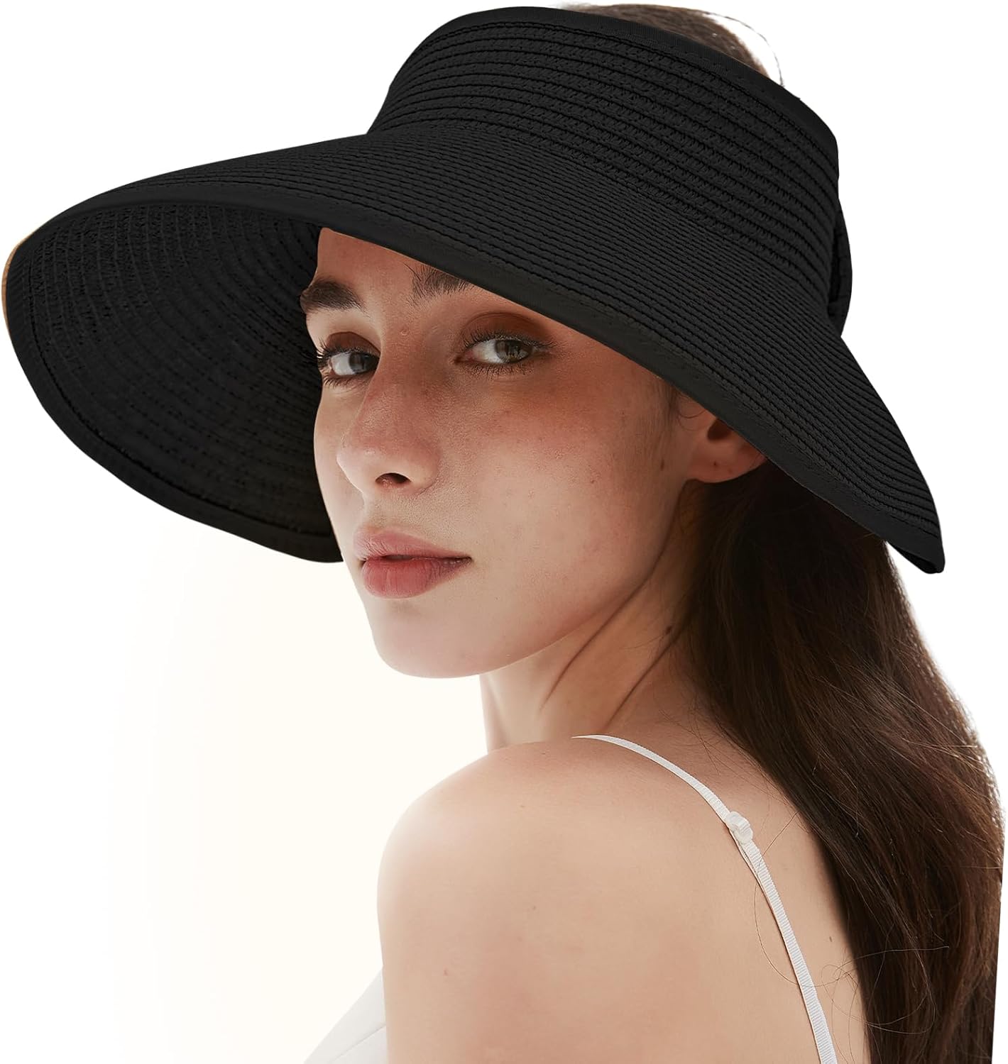 Women’s Sun Visor Hat, Special Wide Brim Straw Beach Hat, Unique Ponytail Hat fo...