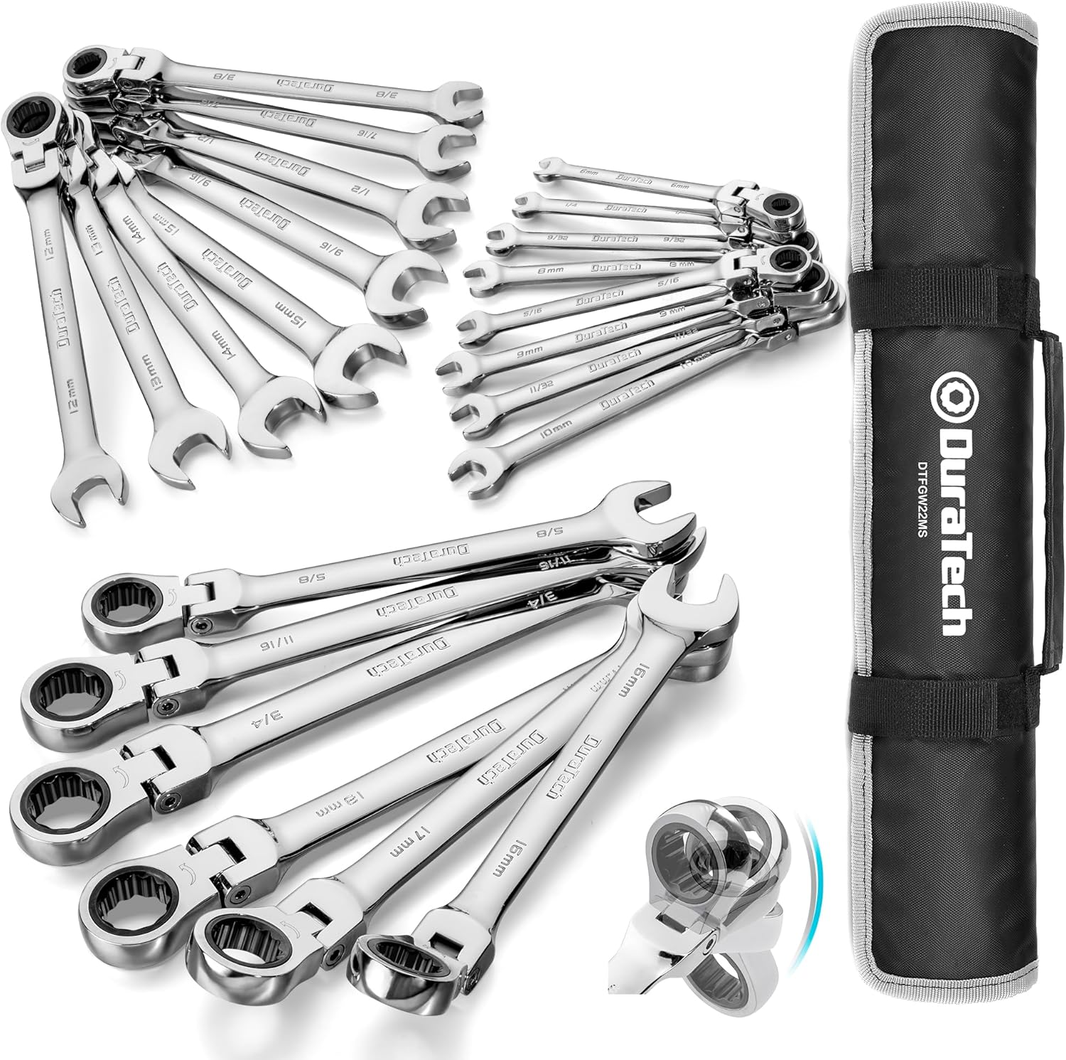 DURATECH Flex Head Ratcheting Wrench Set, Combination Wrench Set, 22-piece, Metr...