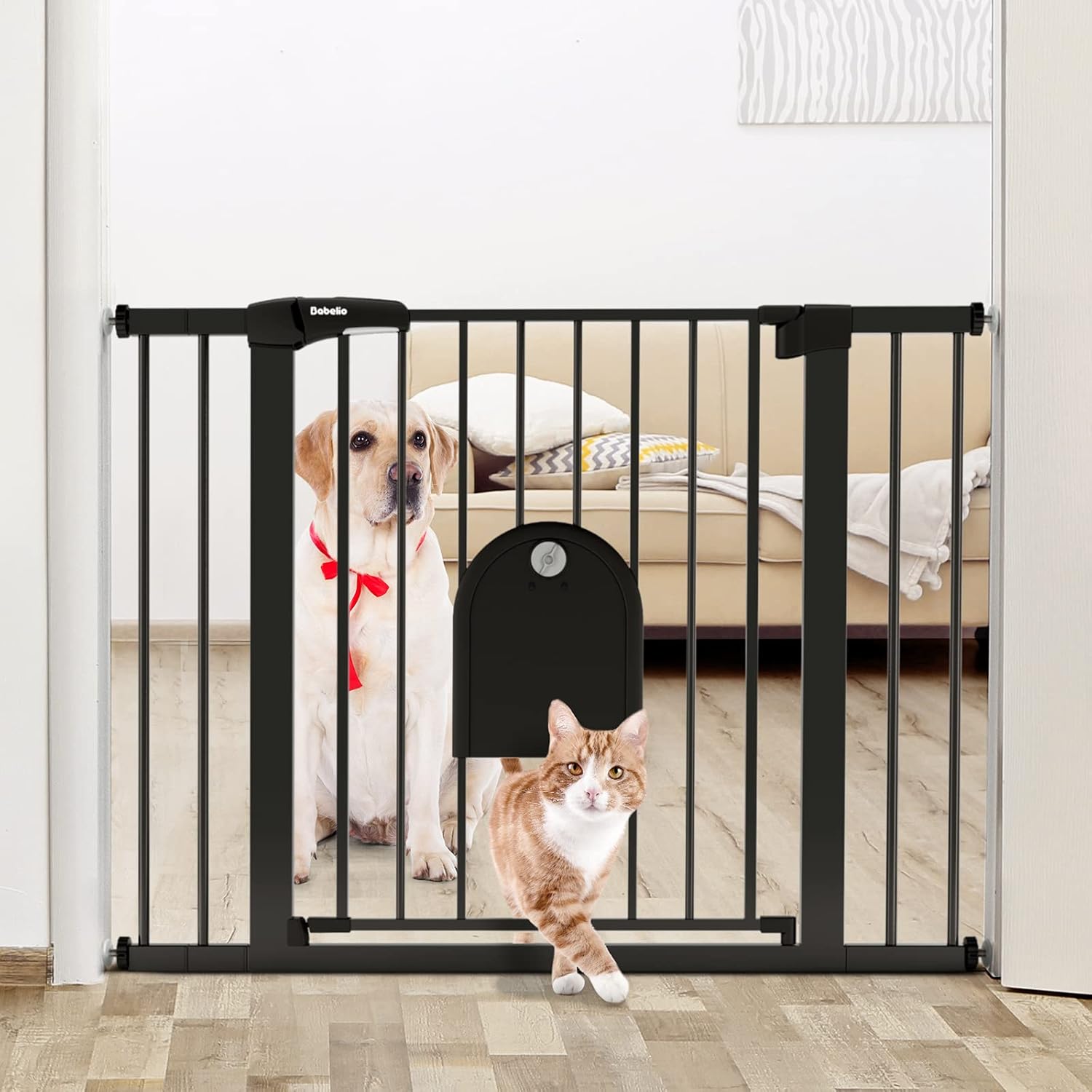 Babelio Auto Close Baby Gate with Small Cat Door, 29-43" Metal Cat Gate for Door...