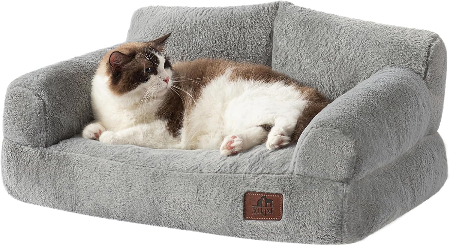 Hollypet Fluffy Plush Pet Cat Couch Soft Calming Pet Sofa Bed for Medium Small C...