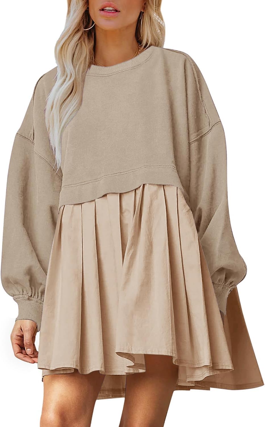 Dokuritu Sweatshirt Dress Women Crew Neck Long Sleeve Patchwork Pullover Tops Fl...