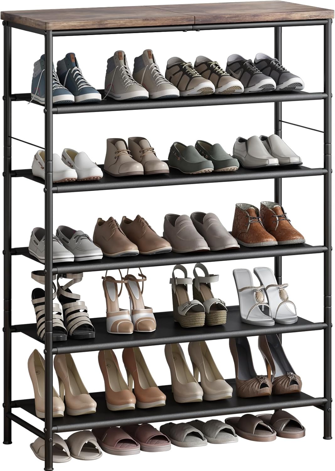 Shoe Rack Organizer, Special 6 Tier Metal Organizer Shelf with Industrial MDF Bo...