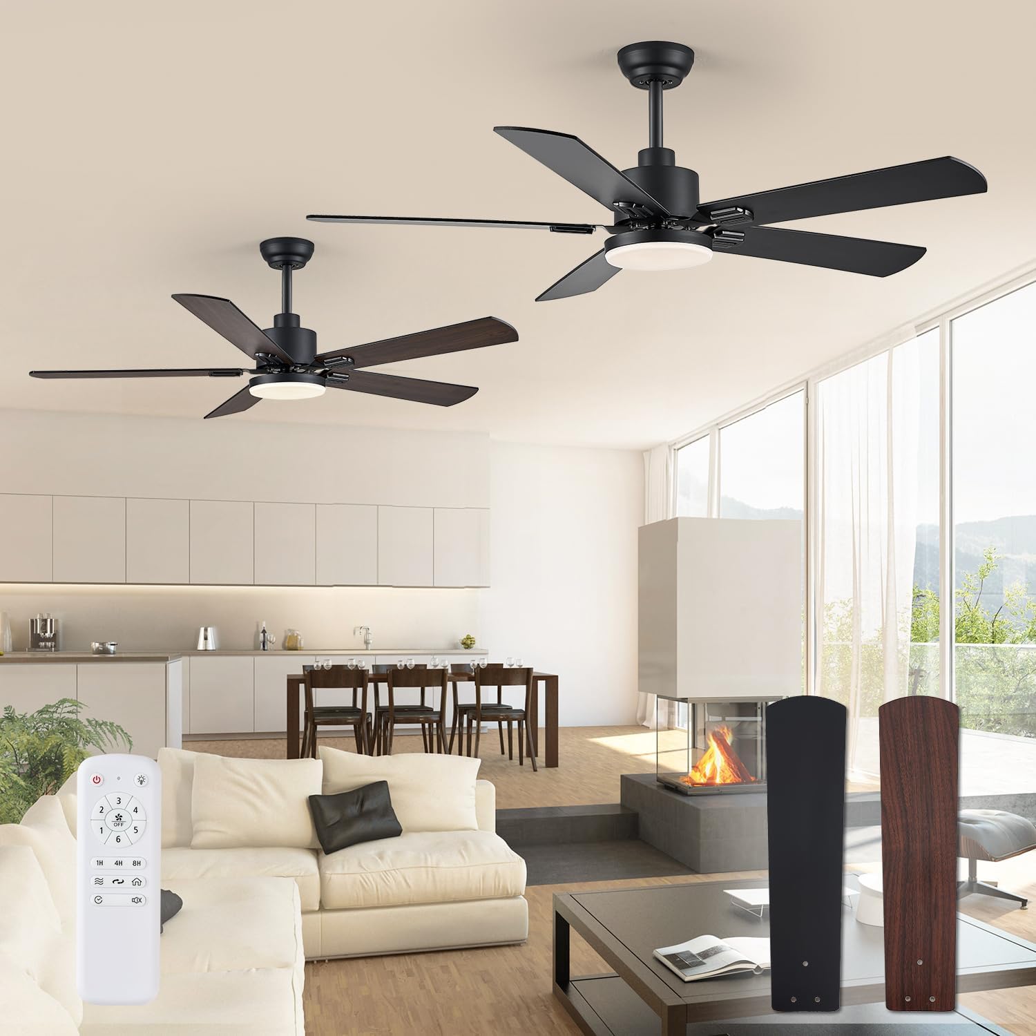 2 Pack 52" Ceiling Fans with Lights, Black Modern Ceiling Fan with Remote, Farmh...
