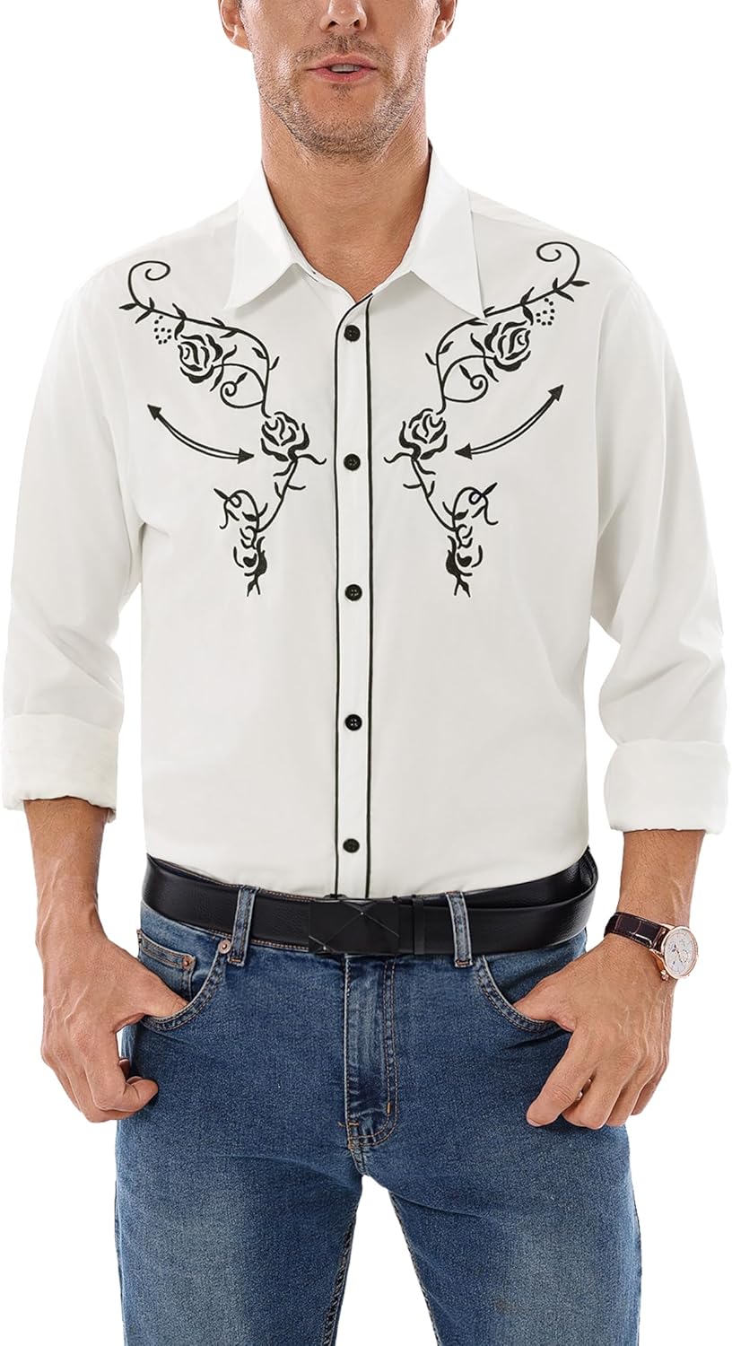 Sykooria Men's Shirts Long Sleeve Casual Vintage Floral Embroidery Button Down W...