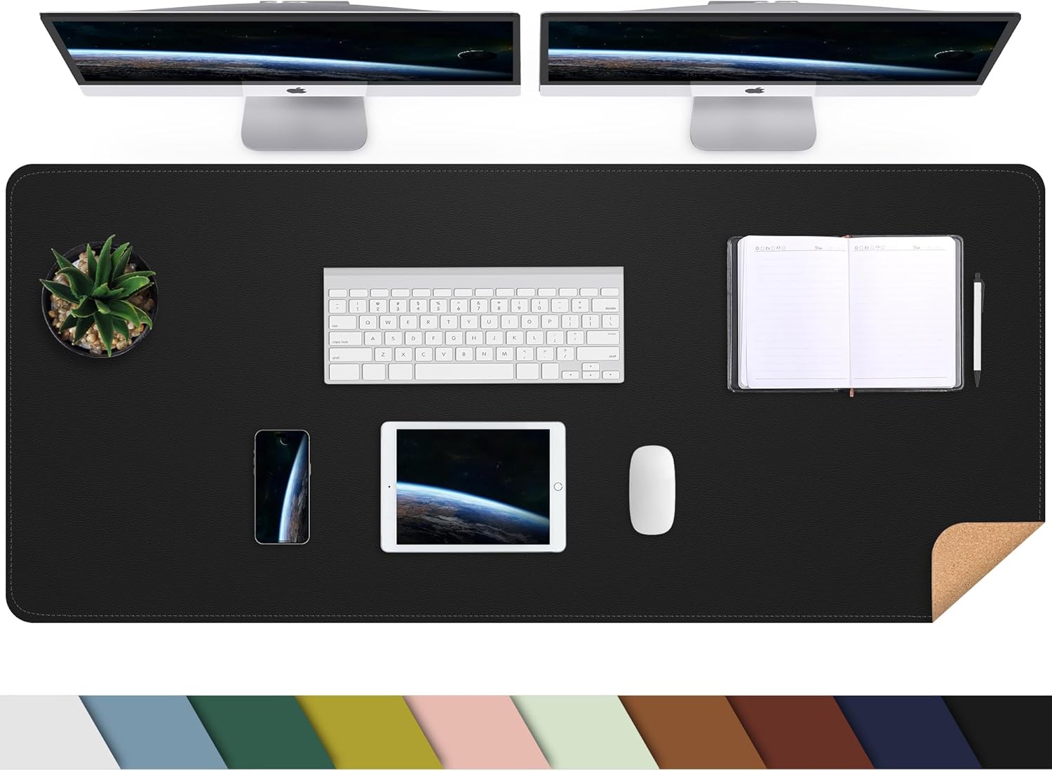 Large Desk Mat 47.2" x 17" Leather Desk Pad Protector with Natural Cork & PU Lea...