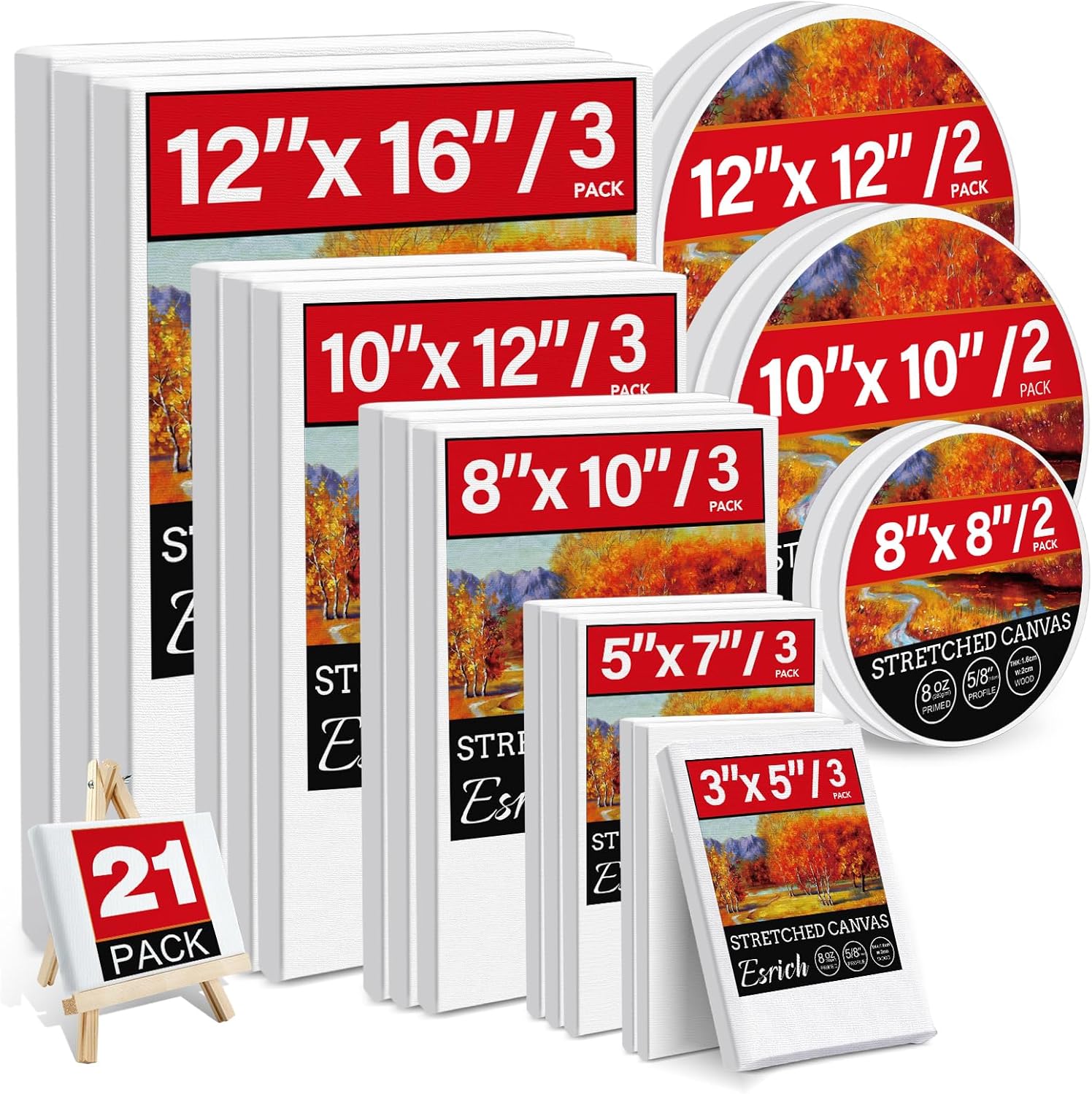 21 Packs Stretched Canvases for Painting, MultiSize 12x16, 10x12, 8x10, 5x7, 3x5...