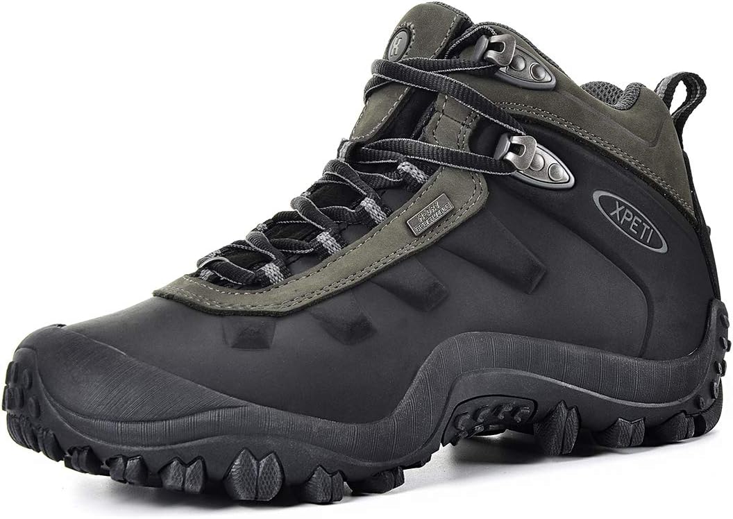 XPETI Men's Highland Leather Waterproof Walking Hiking Boots 9 UK Black Grey