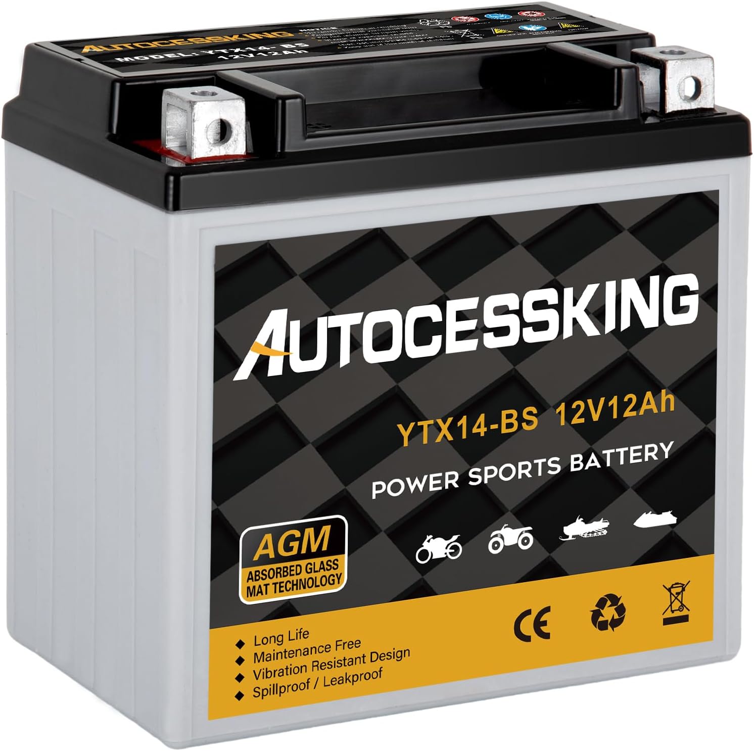 YTX14-BS 12V 12Ah Motorcycle Battery, Rechargeable Sealed AGM Battery Maintenanc...