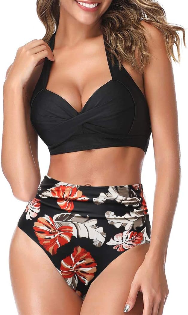 AOQUSSQOA Women Two Piece Tankini Swimsuits High Waist Halter Vintage Bikini Set...
