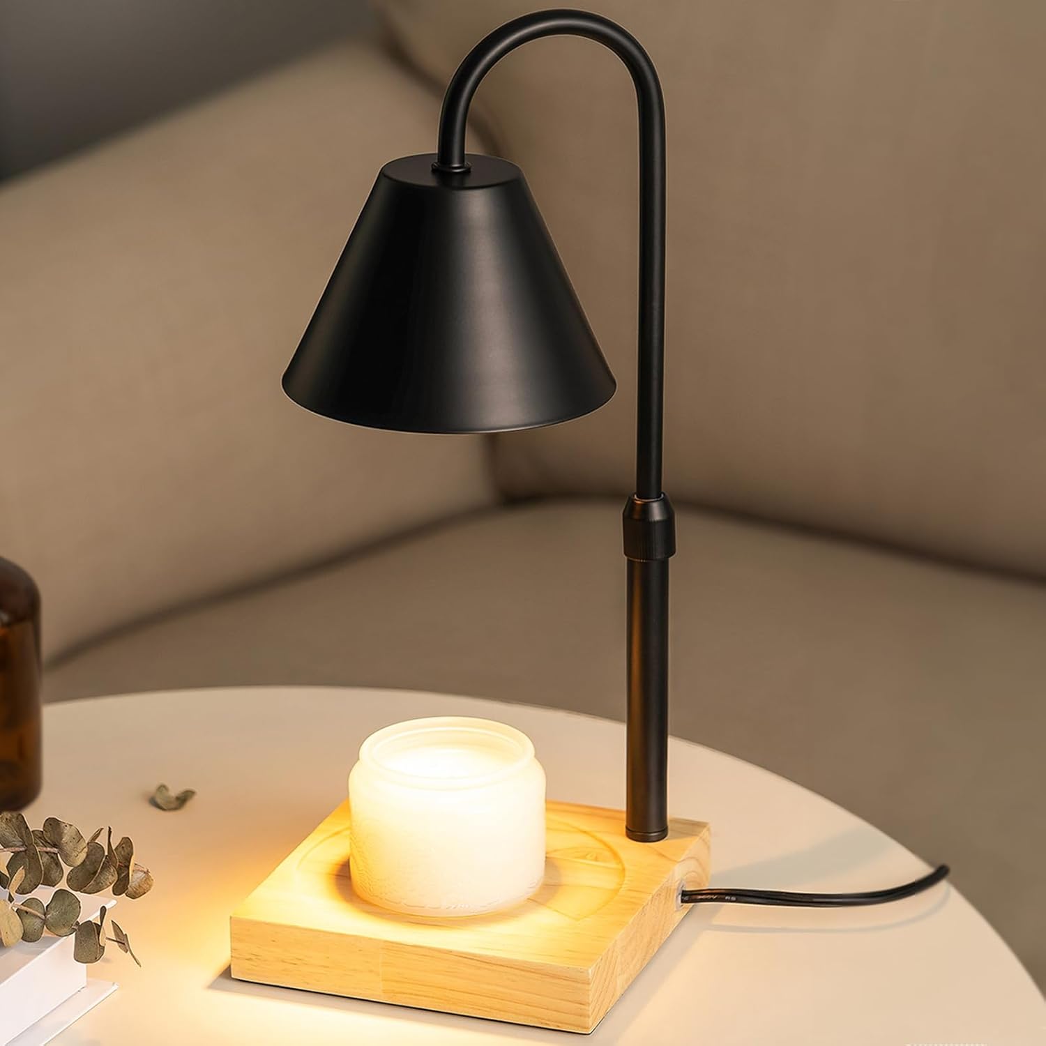 Black Dimmable Candle Warmer Lamp, Adjustable Height, Timer, Wooden Base, for Sc...