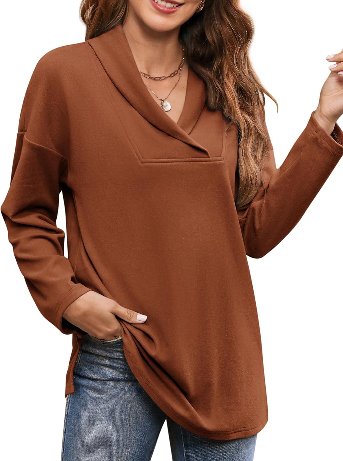 BZB Women Polo Shirts, Special Shawl Neck Long Sleeve Tops, Stylish Tunic Tops t...