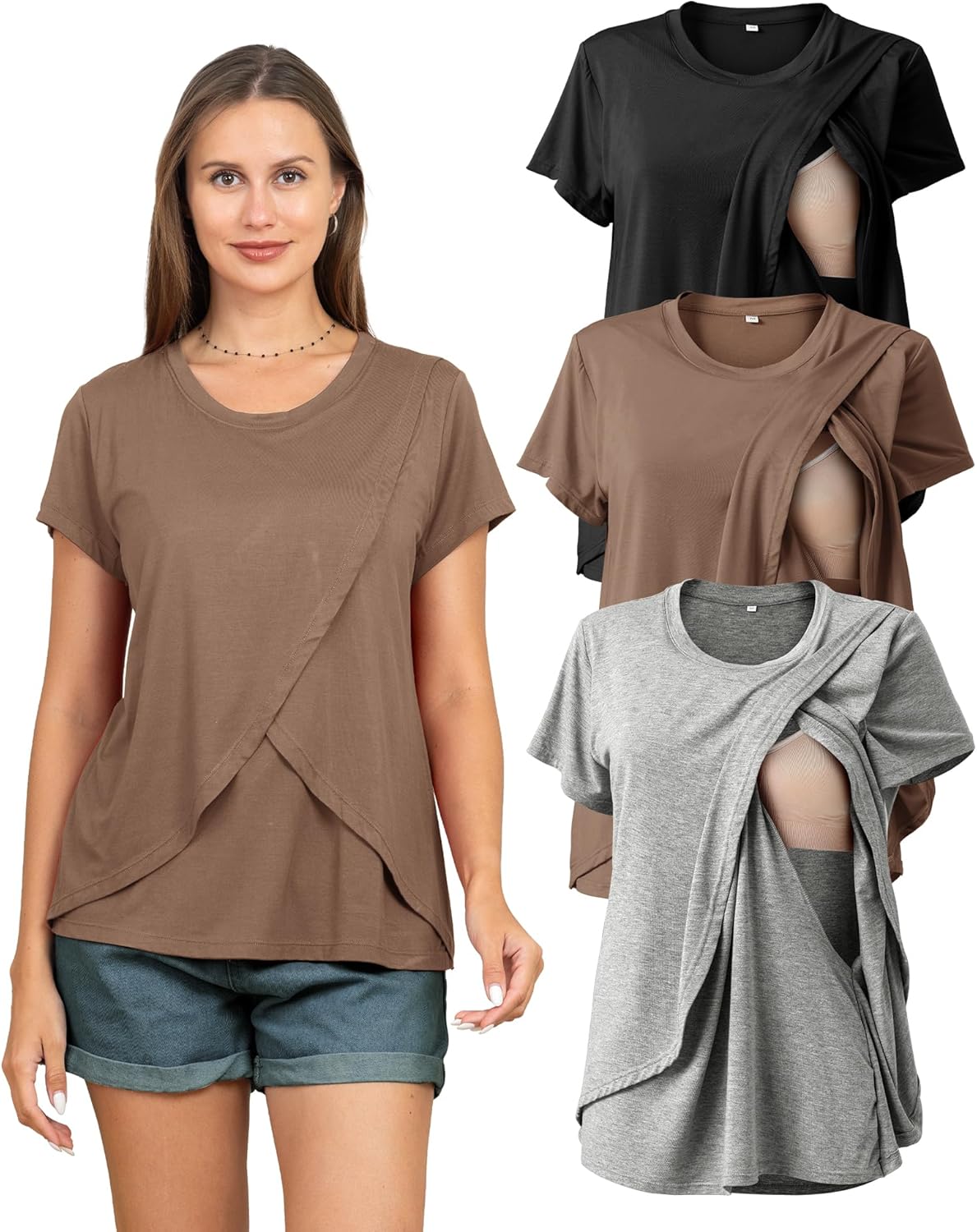 Rnxrbb 3 Pack Women's Nursing Tops for Breastfeeding Summer Short Sleeve T Shirt...