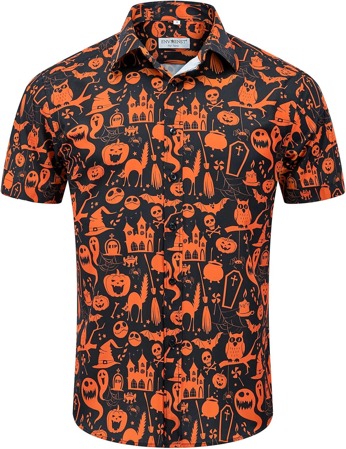 Men's Halloween Pumpkins Button Down Shirt Fun Skull Casual Short Sleeve Hawaiia...