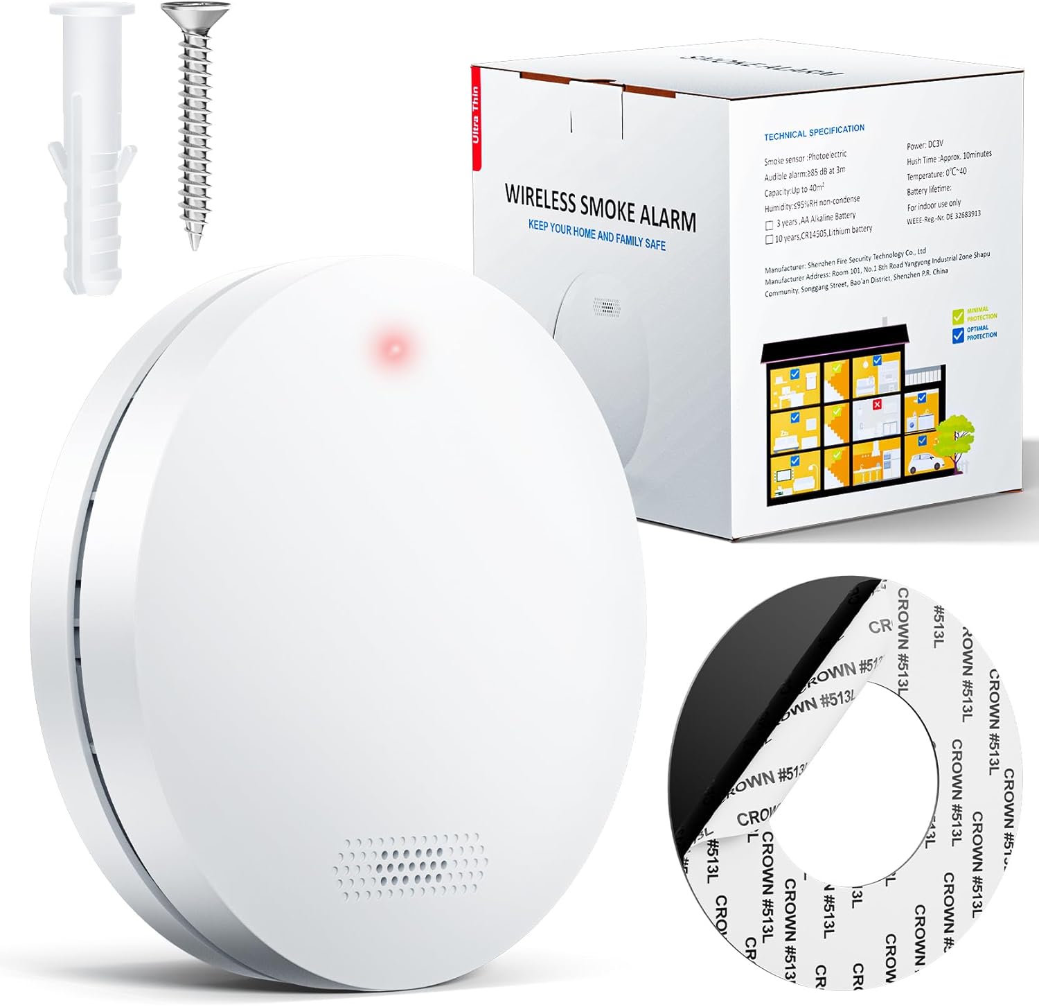 Smoke Alarm 2024, Fire Alarm 10-Year Battery Winner, Fire Detector, No Drilling,...