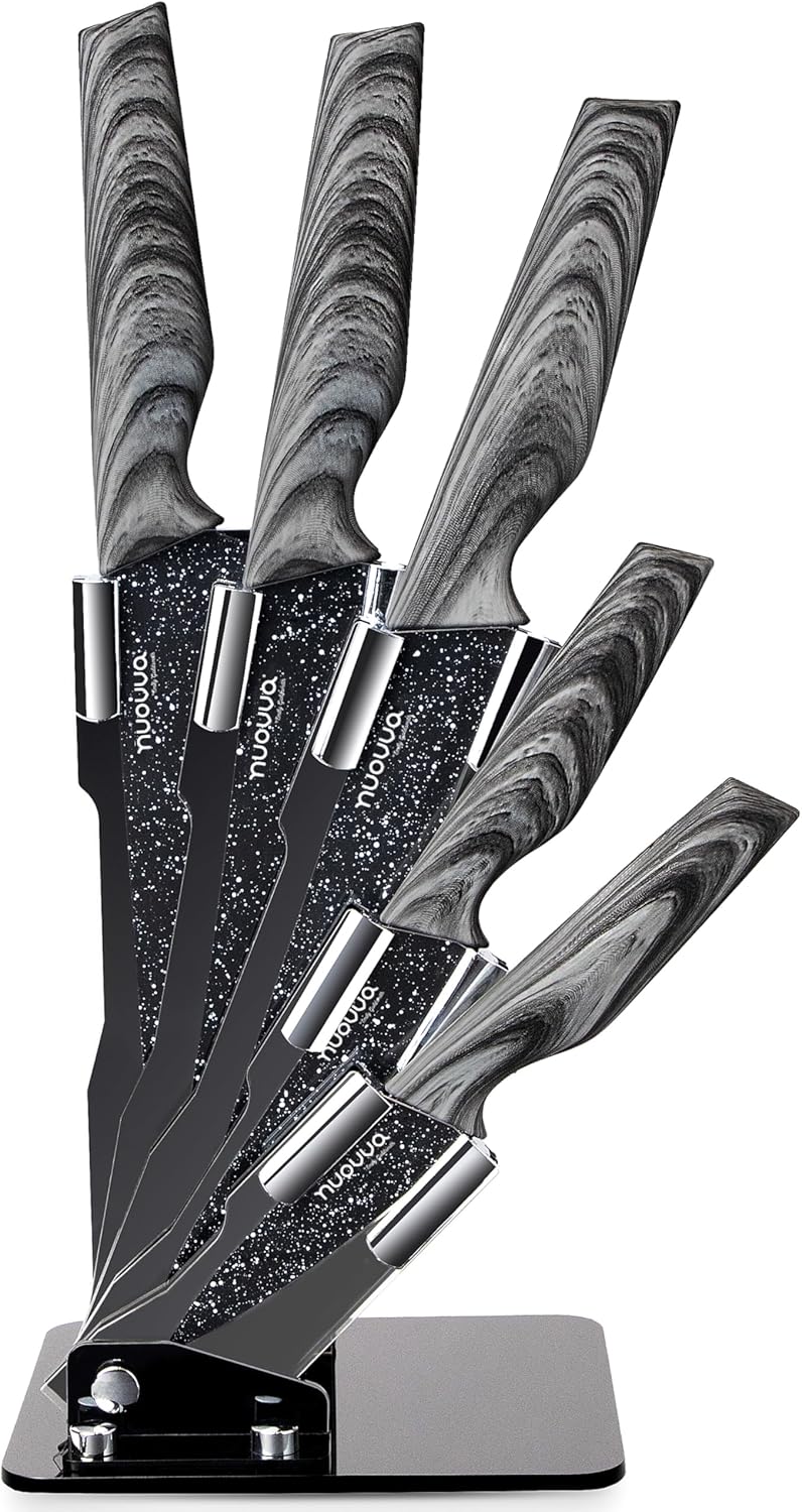 Kitchen Knife Block Set - Granite 5 Piece Knives Set with Clear Acrylic Block -...