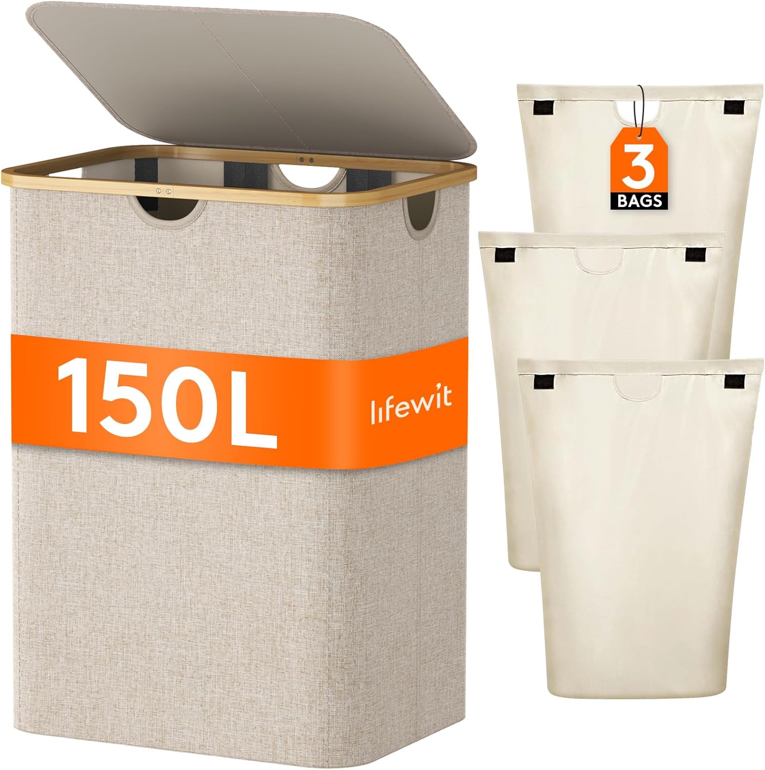 Lifewit 150L Laundry Basket with Lid 3 Section, Large Laundry Hamper with Bamboo...