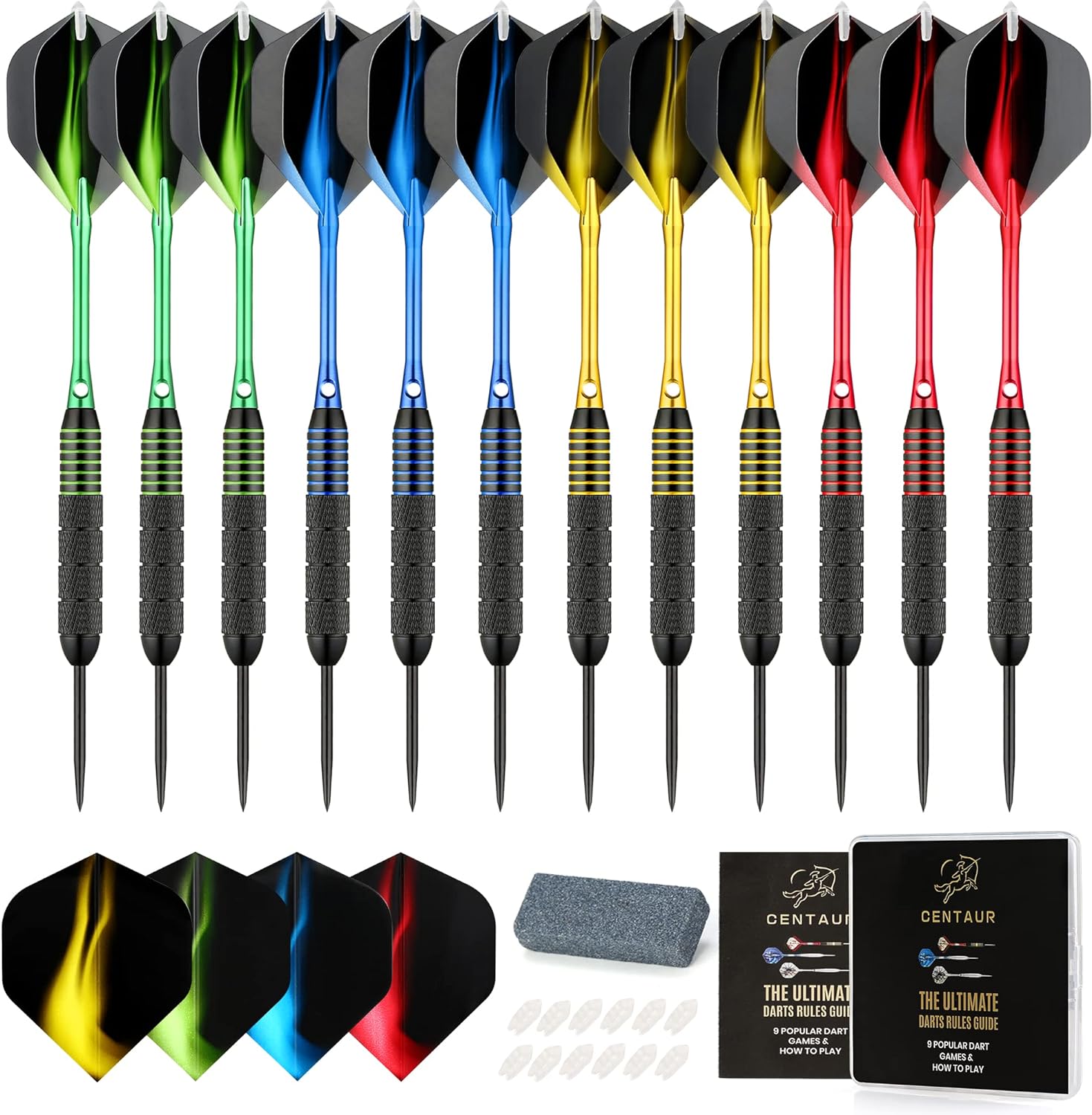 centaur 12 Pack Steel Tip Darts, Professional 22/24 Grams Metal Dart Set with 4...