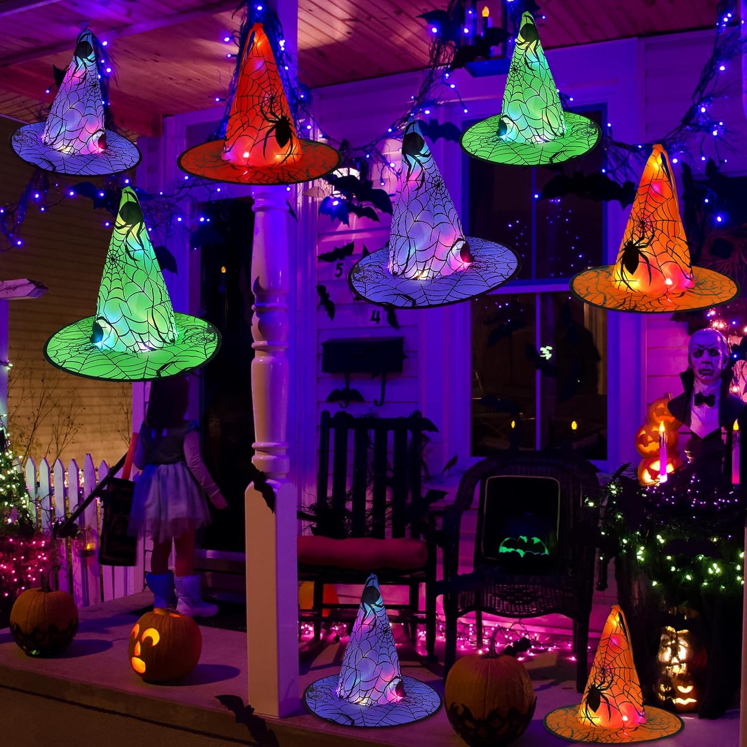 welodorir Halloween Decorations Glowing Witch Hat, 8Pcs Hanging Glowing Witch Ha...