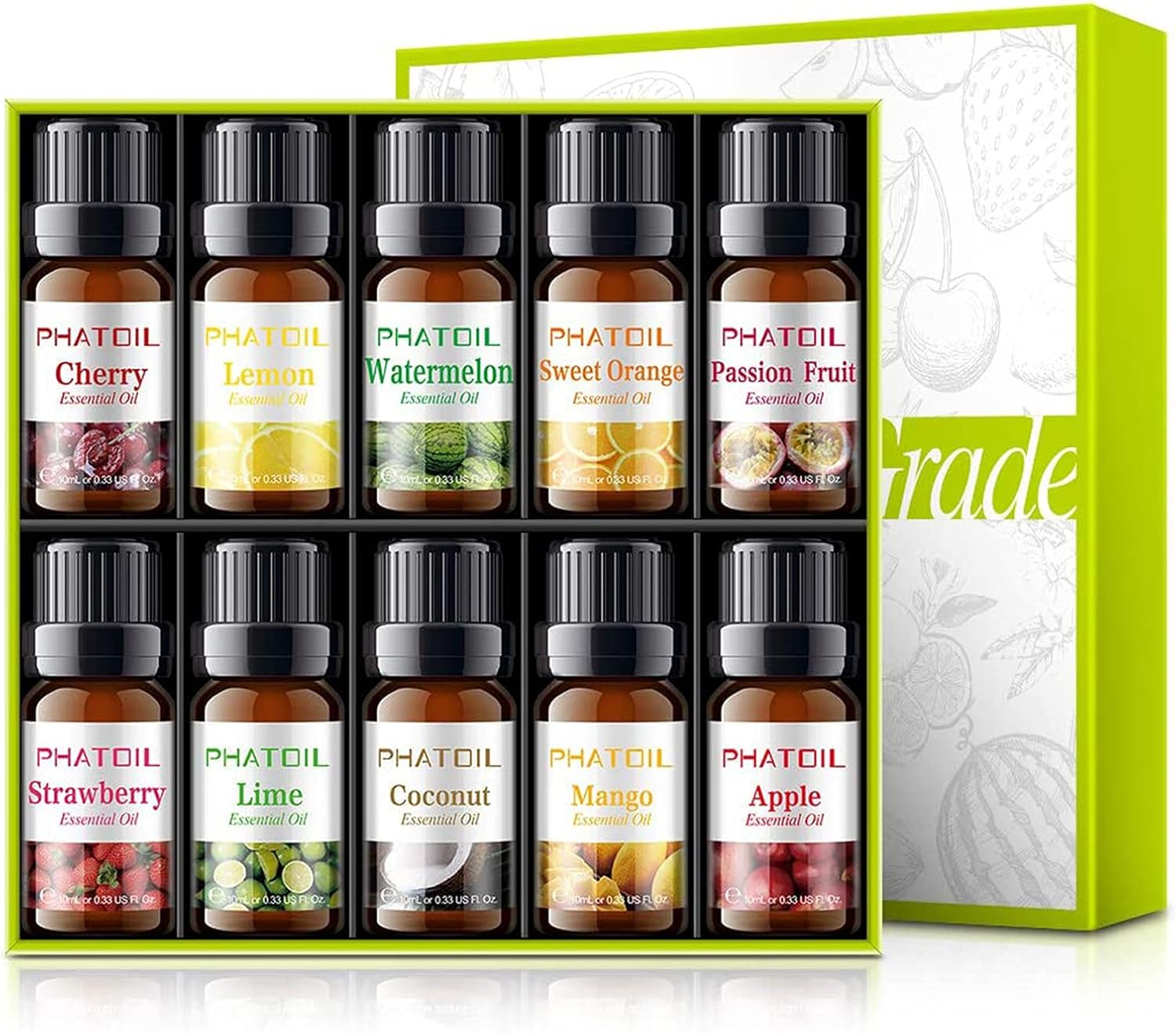 PHATOIL Fruity Fragrance Essential Oil Set 10 x 10 ml, Aromatherapy Premium Grad...