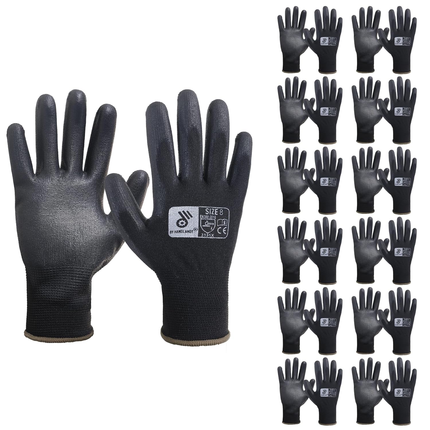 HANDLANDY 12 Pairs PU Coated Nylon Black Protective Work Gloves, Non-slip Flexib...
