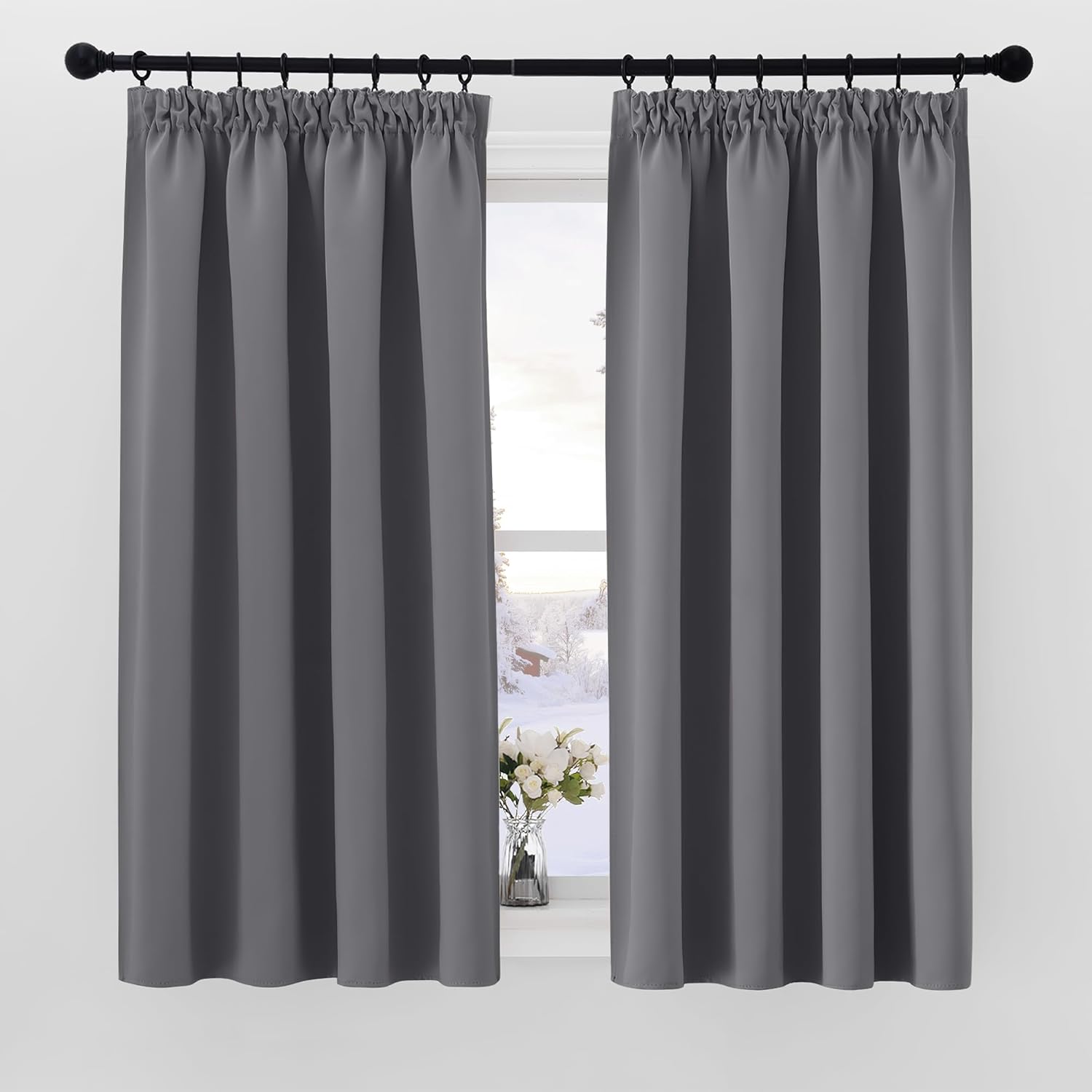 PONY DANCE Grey Pencil Pleat Blackout Curtains, Special Room Darkening Thermal C...