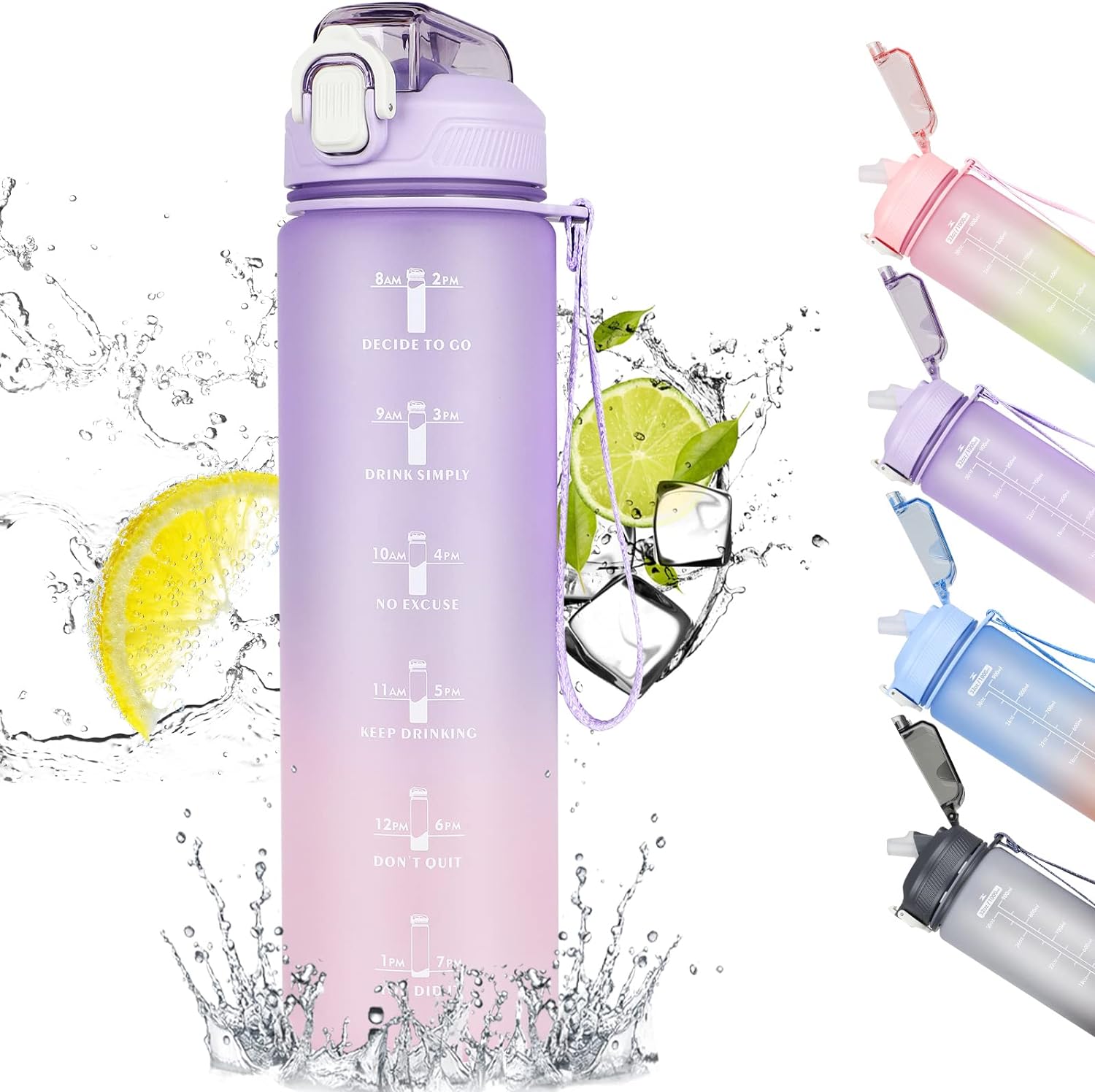 CodiCile 1L Water Bottle, Special Sports Water Bottle with Straw and Time Markin...