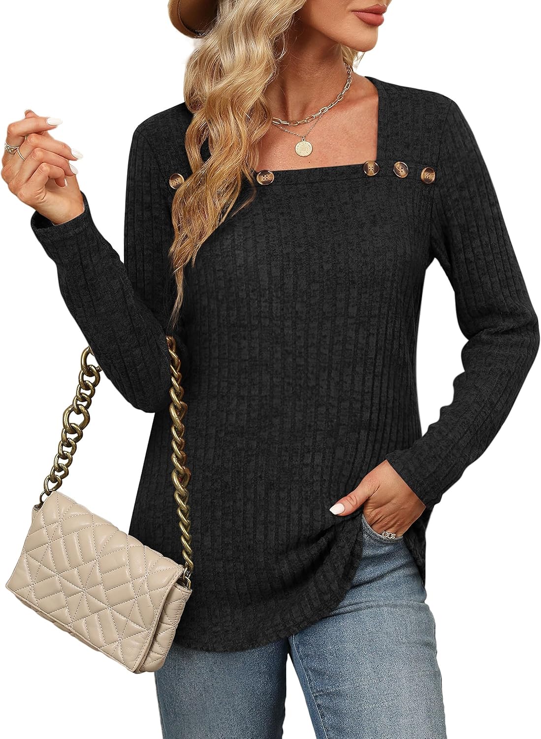 Aokosor Long Sleeve Tops, Special Women Square Neck Jumpers, Innovative Ladies B...