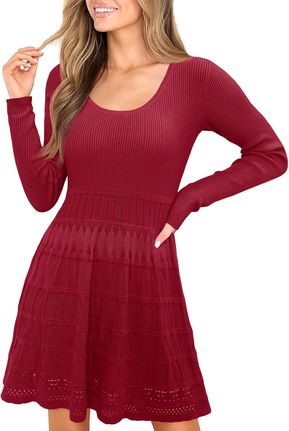 Wenrine Womens Long Sleeve Sweater Dress Knit Crochet Casual A Line Flowy Skater...