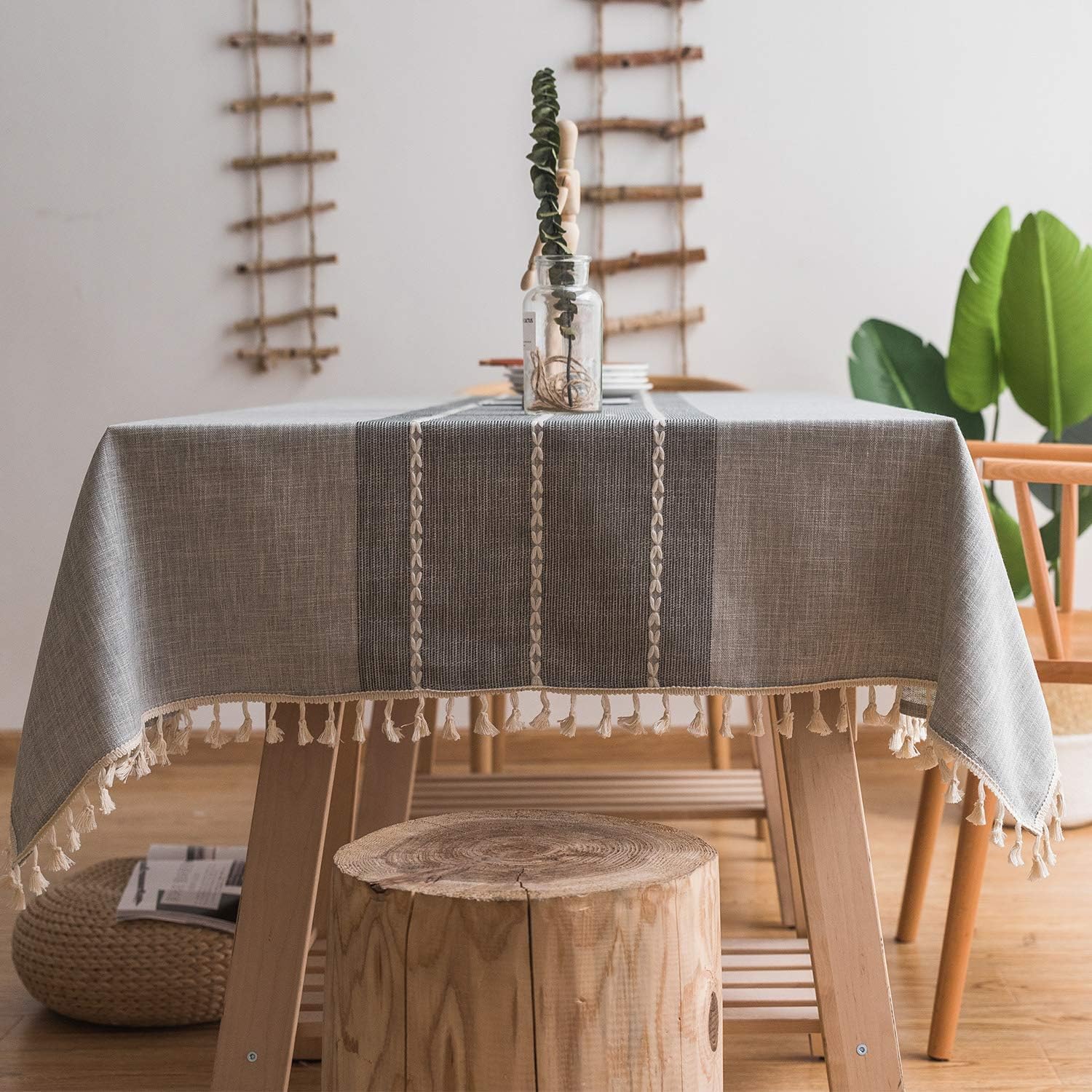 MOKANI Middle Embroidery Table Cloth Washable Cotton Linen Tassel Tablecloth, Re...