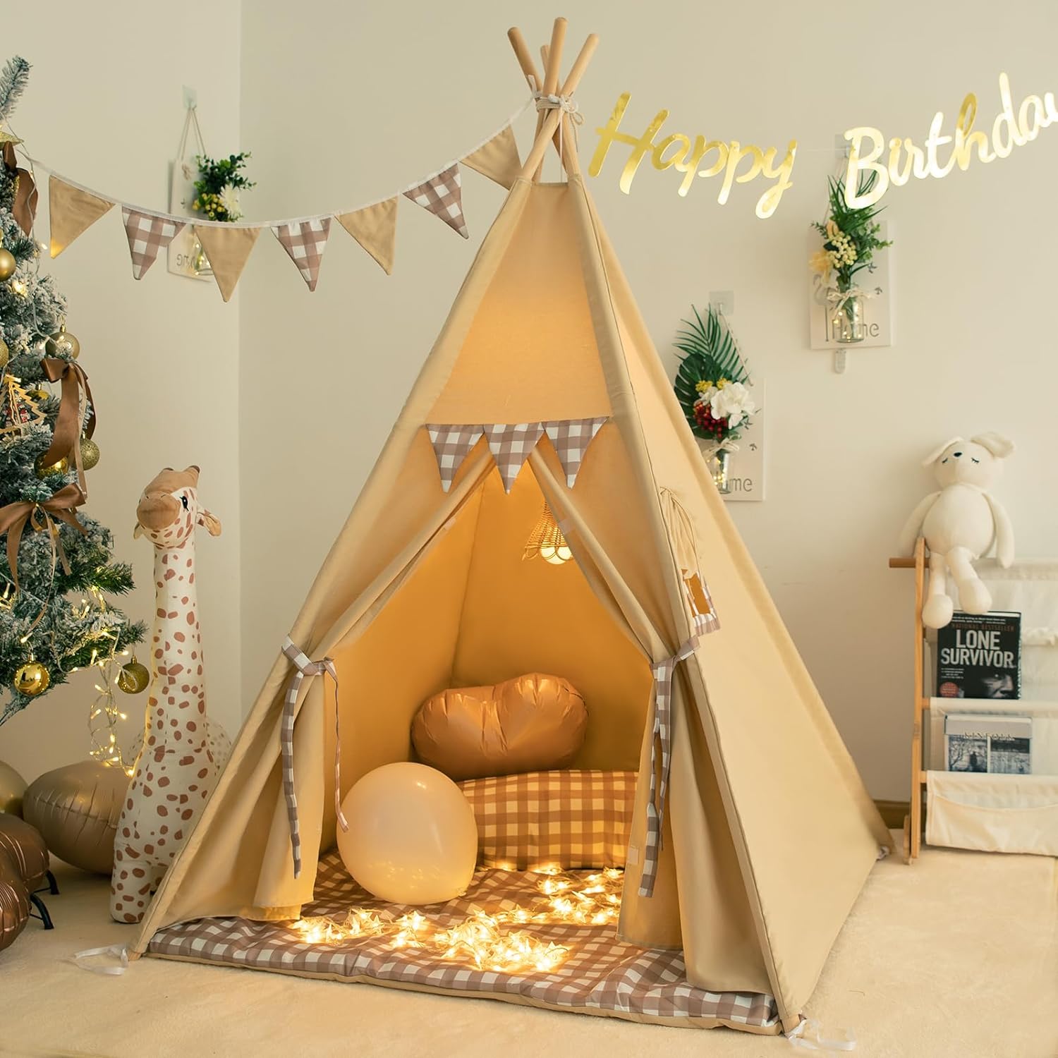 Teepee Tent with Padded Mat Bunting Banner Fairy Lights - Print Gingham Kids Pla...