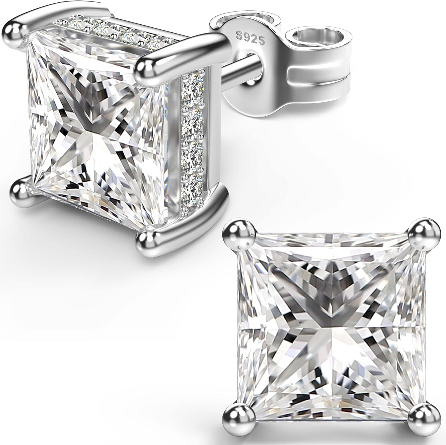 18K White Gold Plated Sterling Silver Princess Cut Cubic Zirconia Stud Earrings...