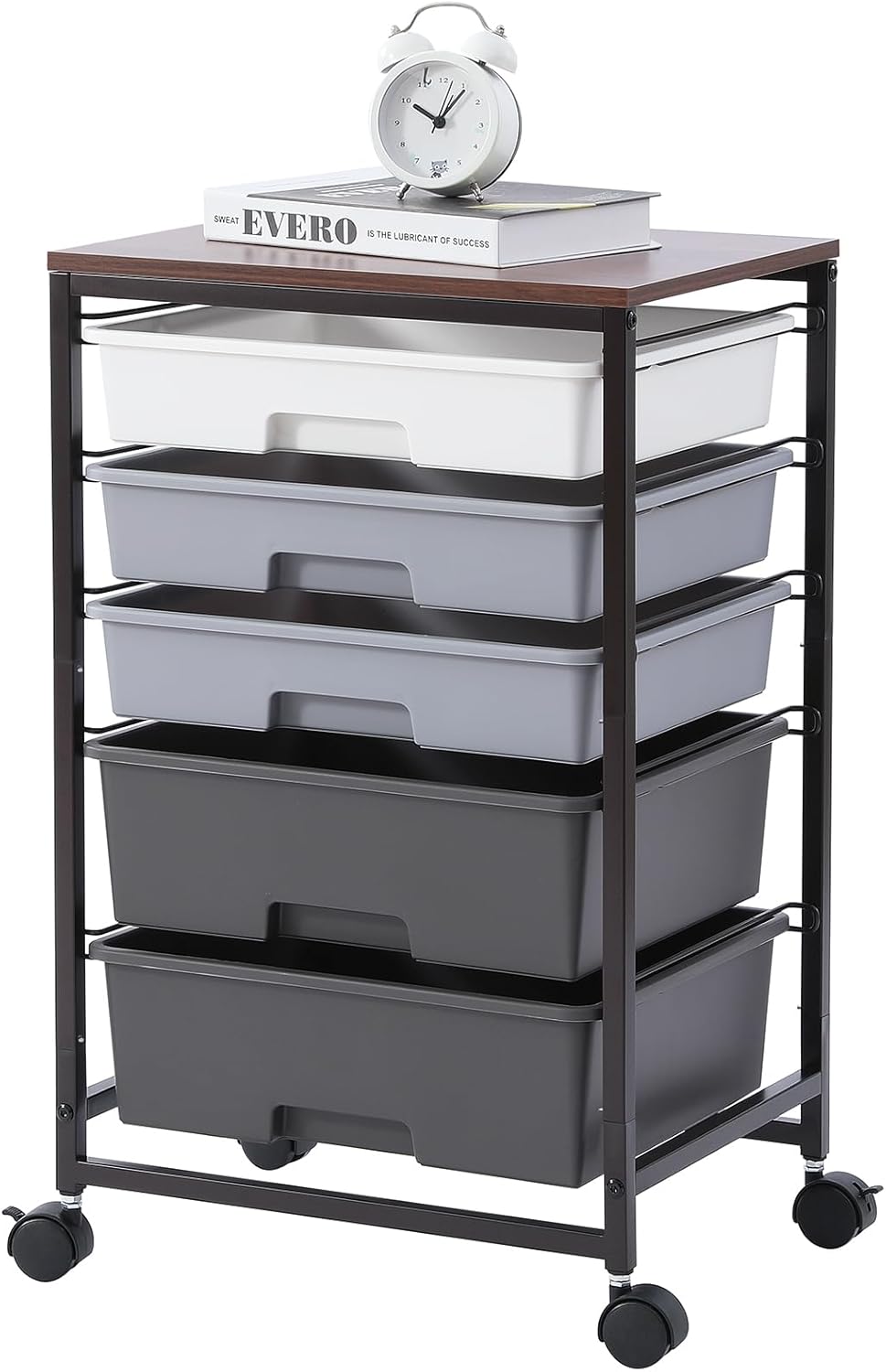 Utility Cart with 5 Drawers,Storage Drawer Cart with Wooden Tabletop and Lockabl...