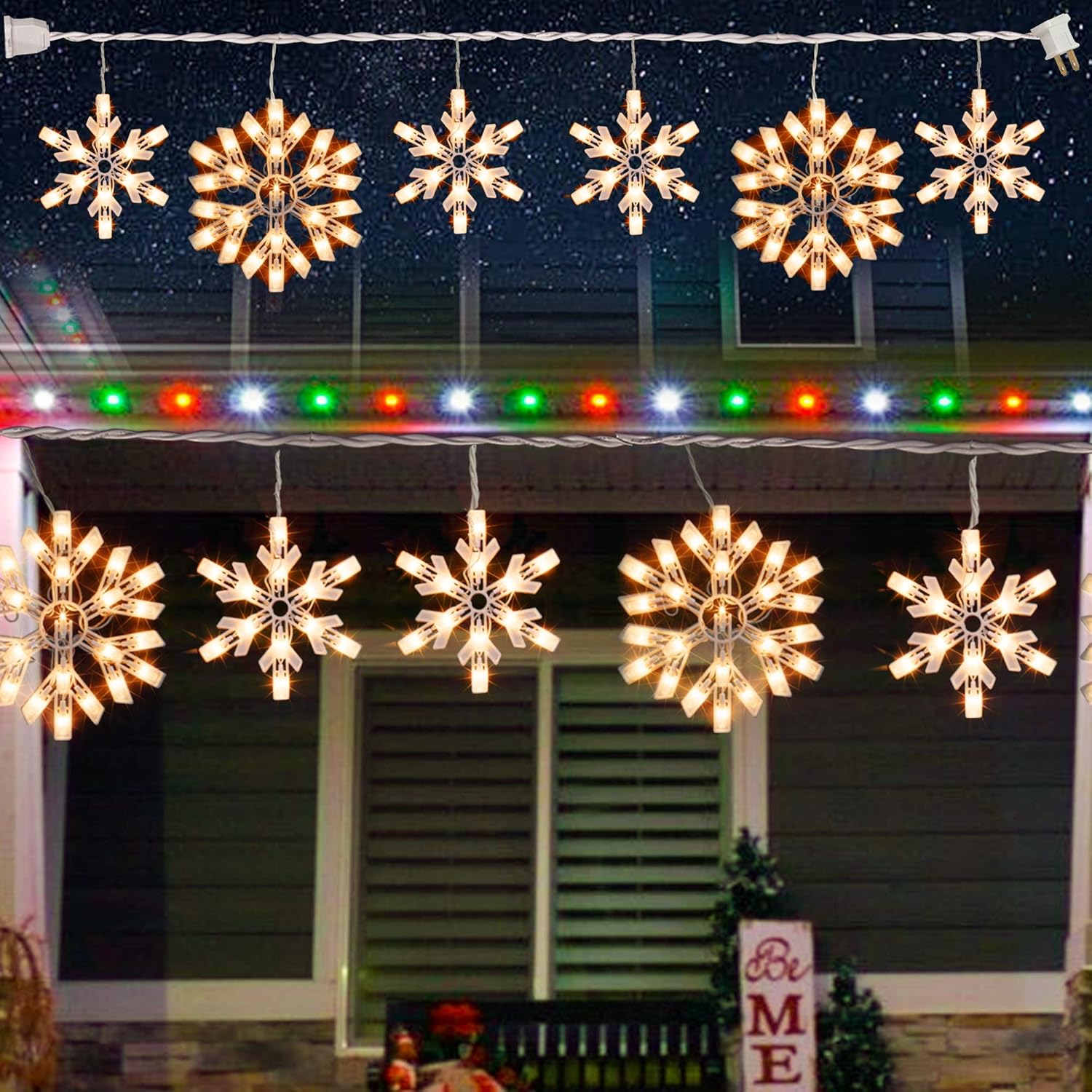 Dazzle Bright Christmas Snowflake Lights Outdoor,100 Count 8.5FT Connectable Wat...