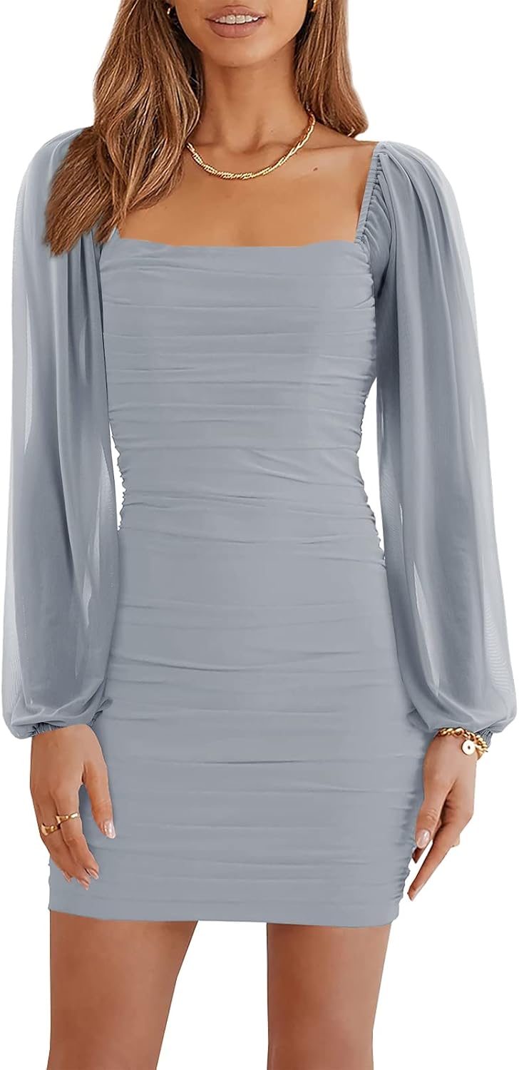 Wenrine Women's Mesh Long Sleeve Square Neck Ruched Party Club Cocktail Bodycon...